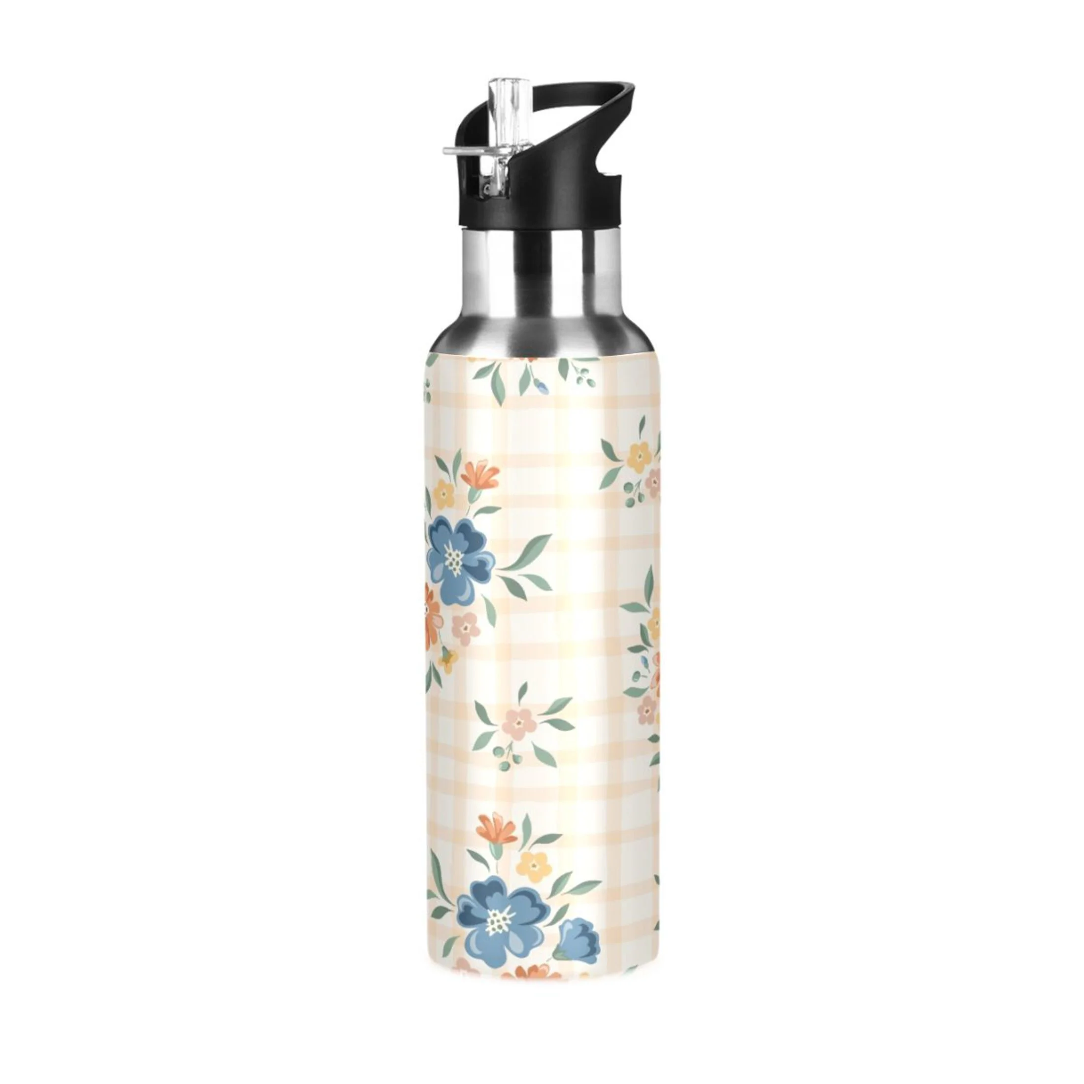 Water Bottle with Straw Lid Leak Floral and Plaid Stainless Steel Insulated Thermos Vacuum Flask for Cold Hot Drinking for Sports Camping Gym Yoga