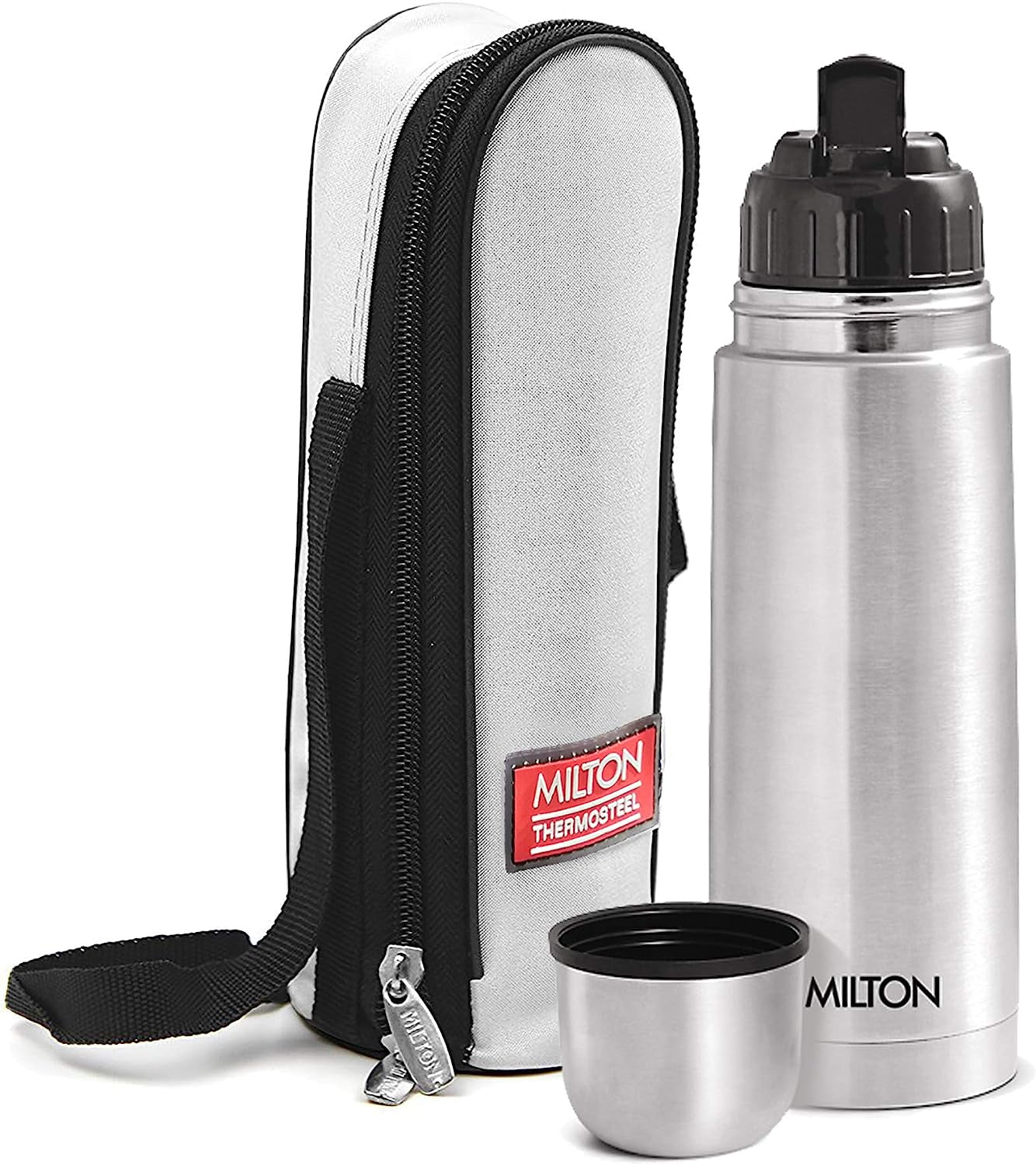 Milton Thermosteel Flip Lid Flask 350, Double Walled Vacuum Insulated 350 ml | 12 oz | 24 Hours Hot and Cold Water Bottle with Cover, 18/8 Stainless Steel, BPA Free, Food Grade, Leak-Proof | Silver