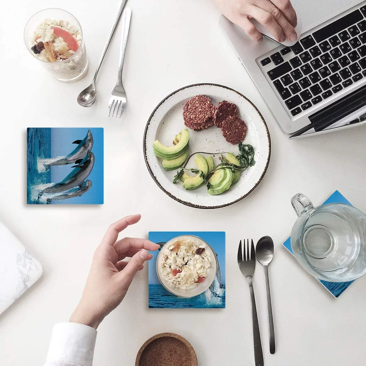 KXMDXA Dolphin Jumps Out of The Water Ocean Theme Set of 6 Coaster for Drinks, Absorbent Ceramic Stone Coasters Cup Mat with Cork Base for Home Kitchen Room Coffee Table Bar Decor