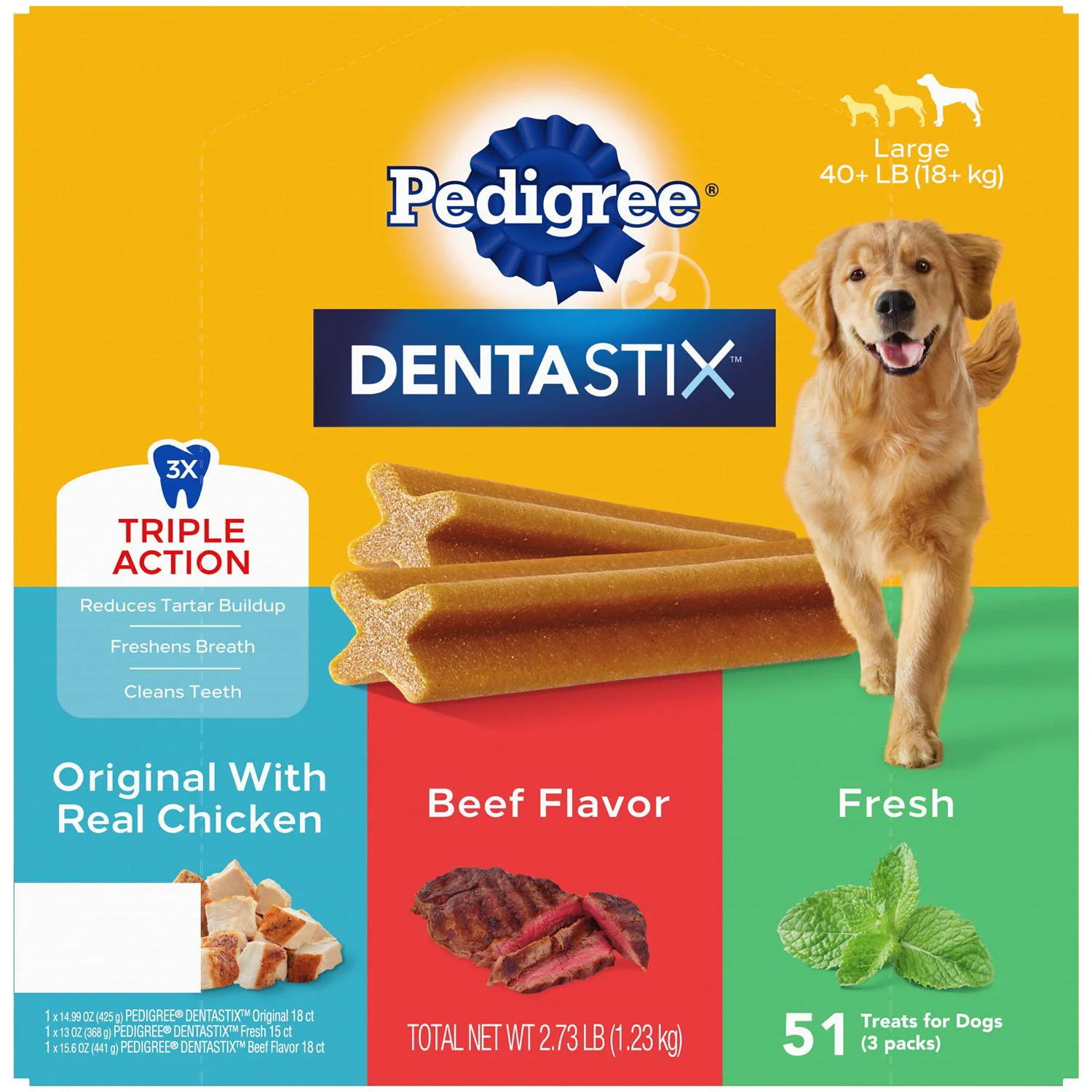 DENTASTIX Large Dog Dental Care Treats Original, Beef and Fresh Variety Pack, 2.73 lb. (51 Treats)