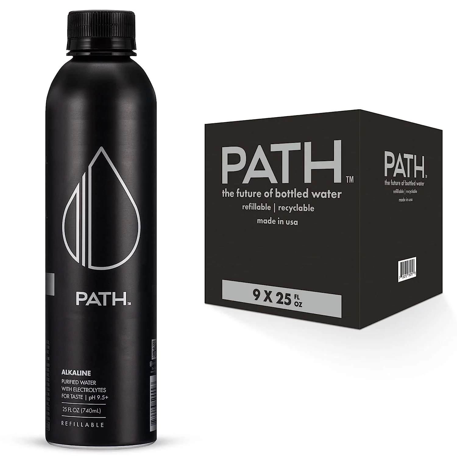 PATH Alkaline Bottled Water - 9.5 pH-Balanced Purified Water with Electrolytes in Aluminum Bottle-25 Fl Oz (Pack of 9)