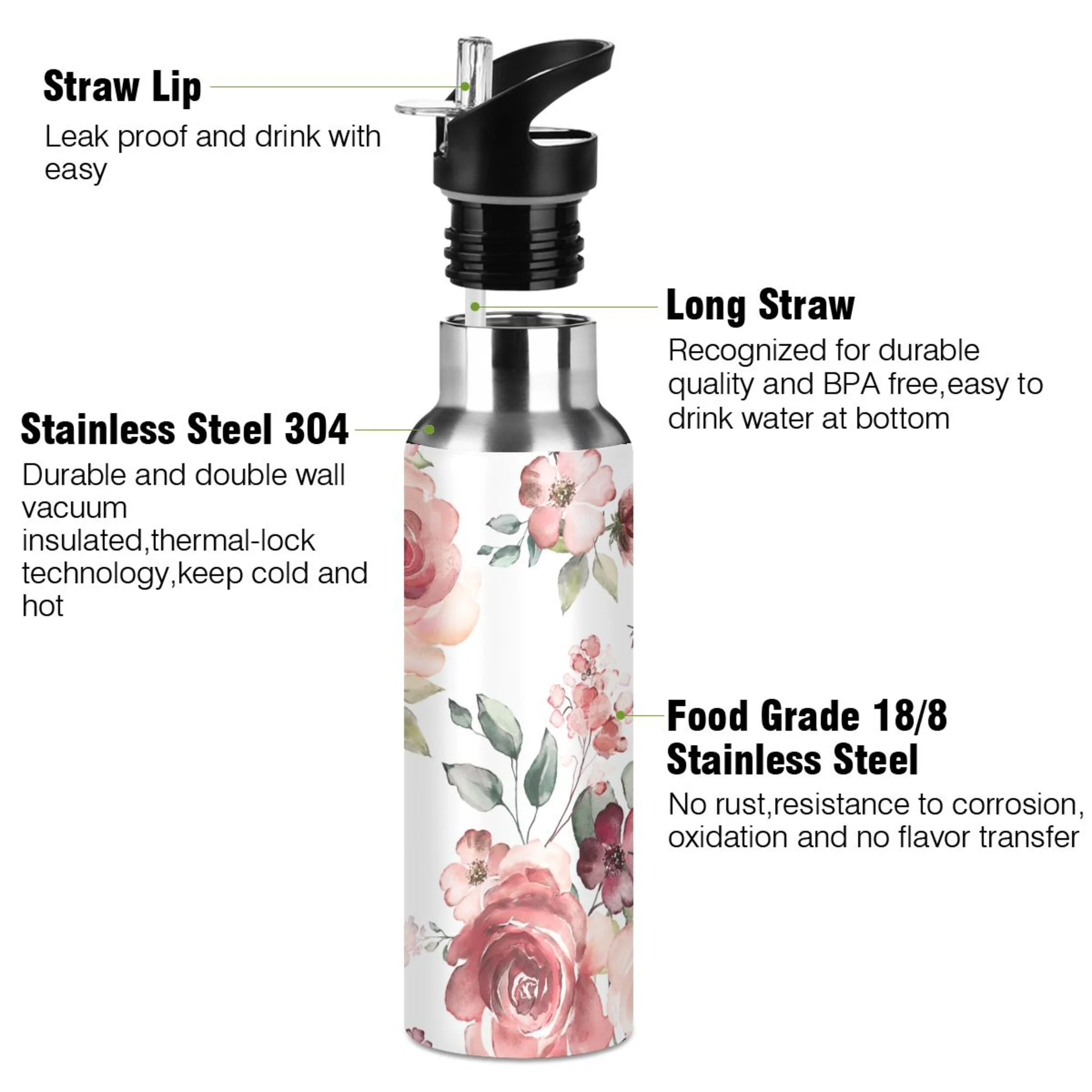 Stainless Steel Water Bottle Floral with Straw Lid Vacuum Insulated Leak Proof Flask Jug for Gym Travel Sports Cycling Outdoor 20 OZ