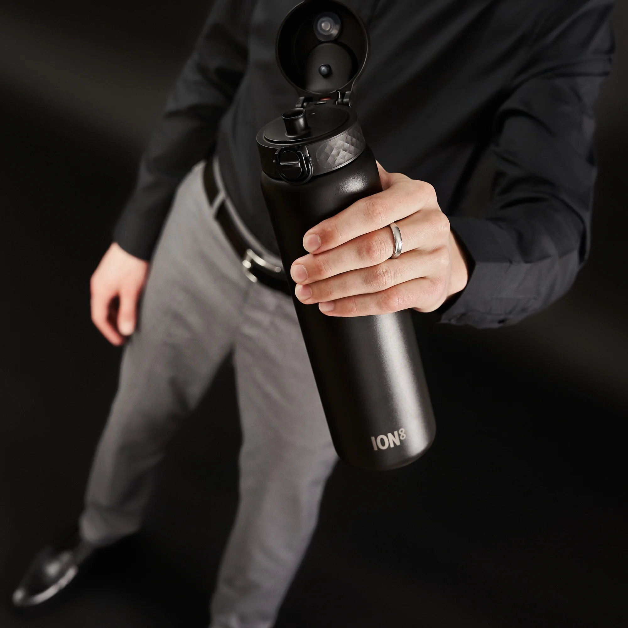 ION8 Leak Proof Flip-Top 1 Litre Stainless Steel Water Bottle, Dishwasher-Safe, Black, 1000ml (32oz)