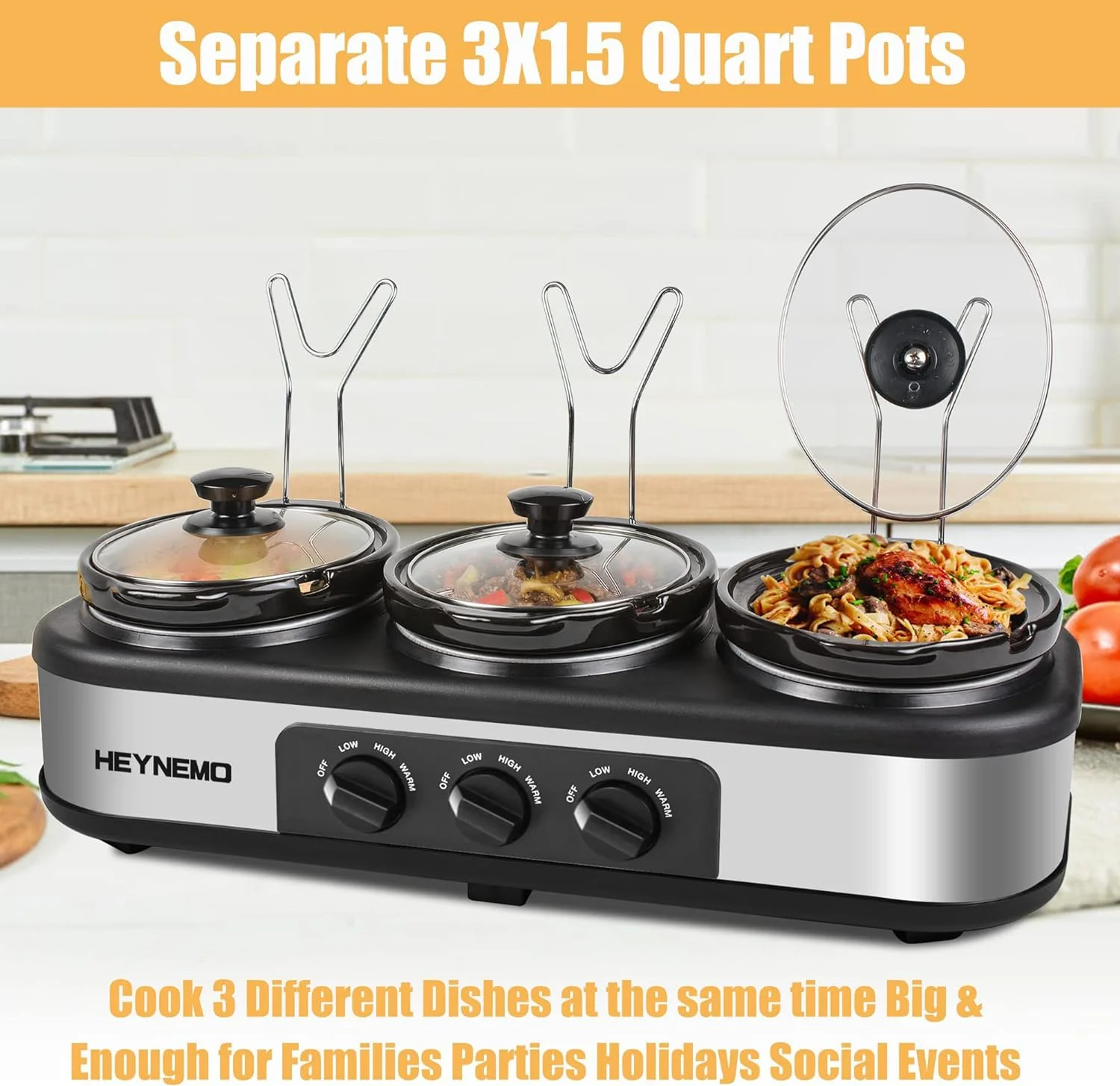 Triple Slow Cooker with Non-Skid Feet, 3脙鈥?.5 QT Slow Cooker Buffet Server, 3 Pots Food Warmer Adjustable Temp Lid Rests Stainless Steel Manual Silver for Parties Holidays Families