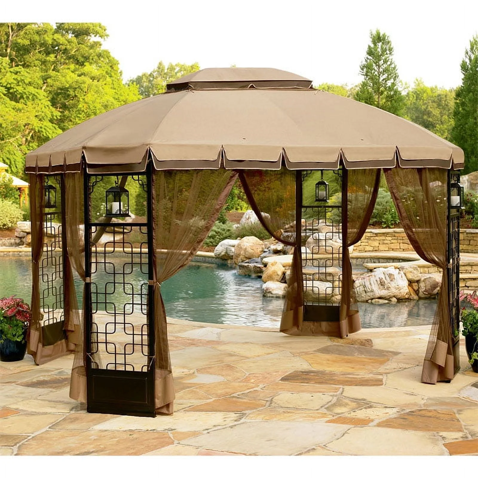 Garden Winds Replacement Canopy Top and Side Mosquito Netting Set for Trellis Gazebo, RipLock 350