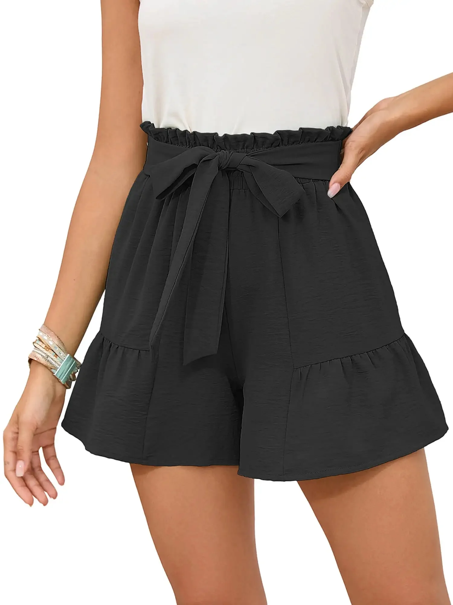 Chiclily Women's Wide Leg Shorts High Waist Adjustable Belted Loose Summer Lounge Shorts with Pockets, US Size Large, Black