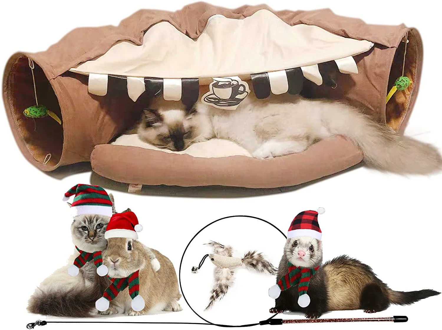 Best Collapsible Cat Tunnel Bed for Indoor Cats, Washable Cat Hide Tunnel with Hanging Toys and Cushion Mat, Coffee