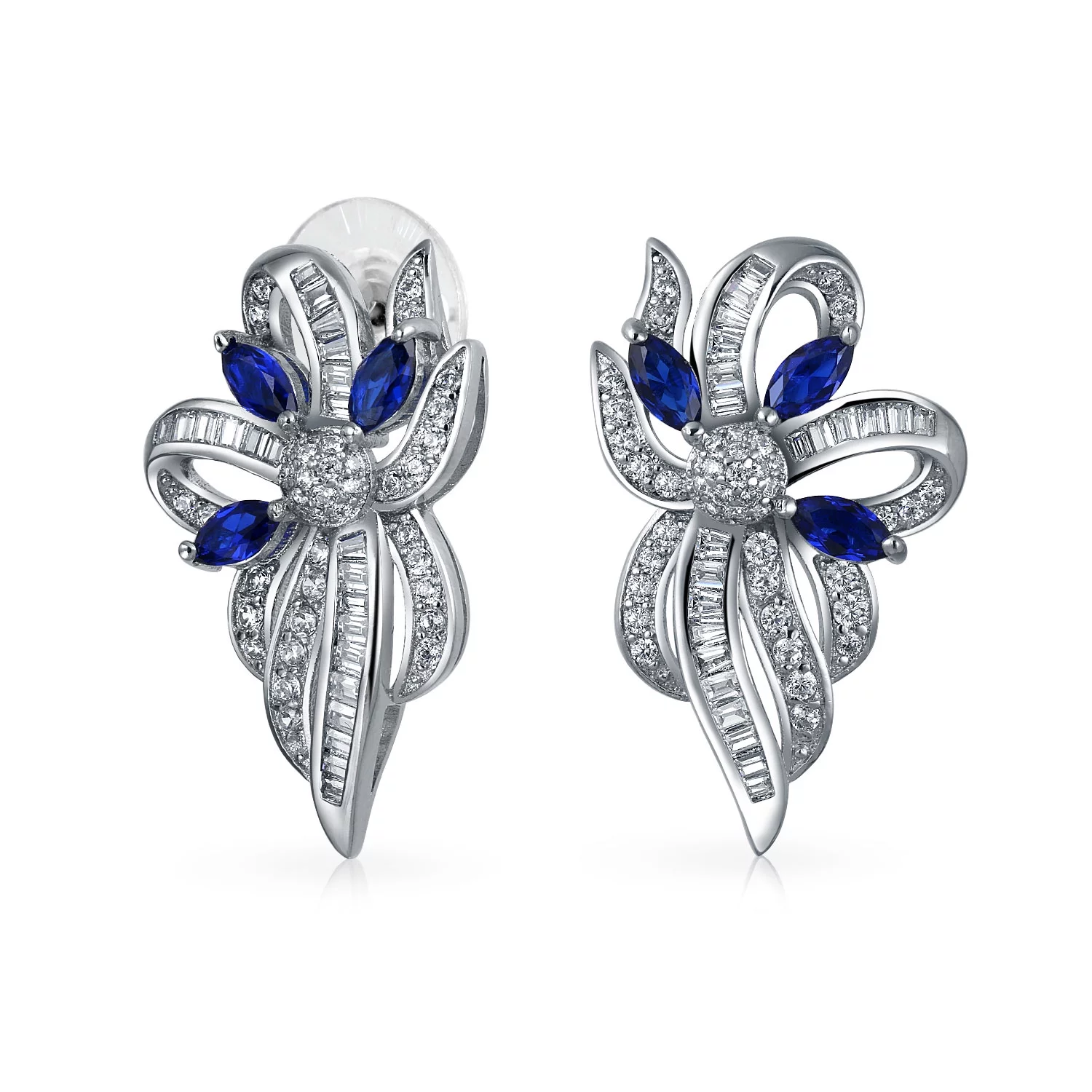 Bling Jewelry Blue White Ribbon Bow Drop Stud Earrings Crystal CZ Silver Plated