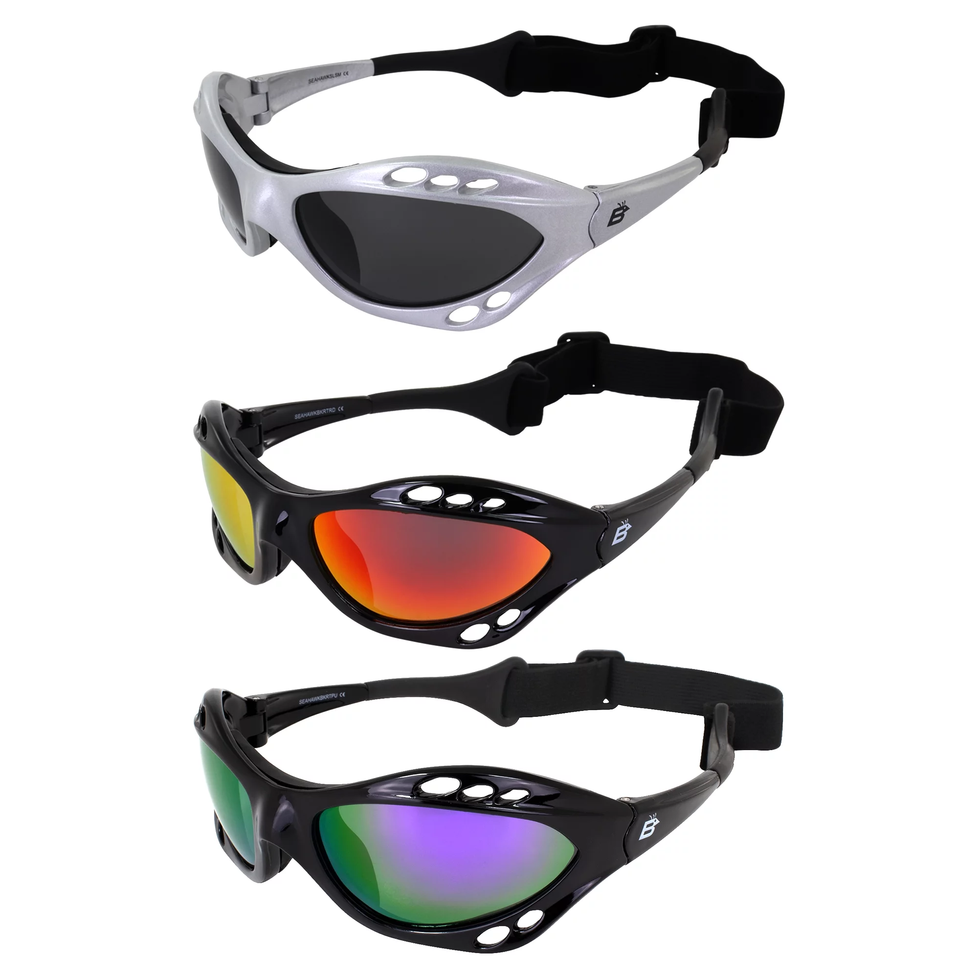 3 Pairs Birdz Seahawk Padded Polarized Sunglasses w/Strap Water Sports Surfing Kayaking Jetski Silver Frame w/Smoke Lens & Black Frames w/Red & Purple Mirror Lenses