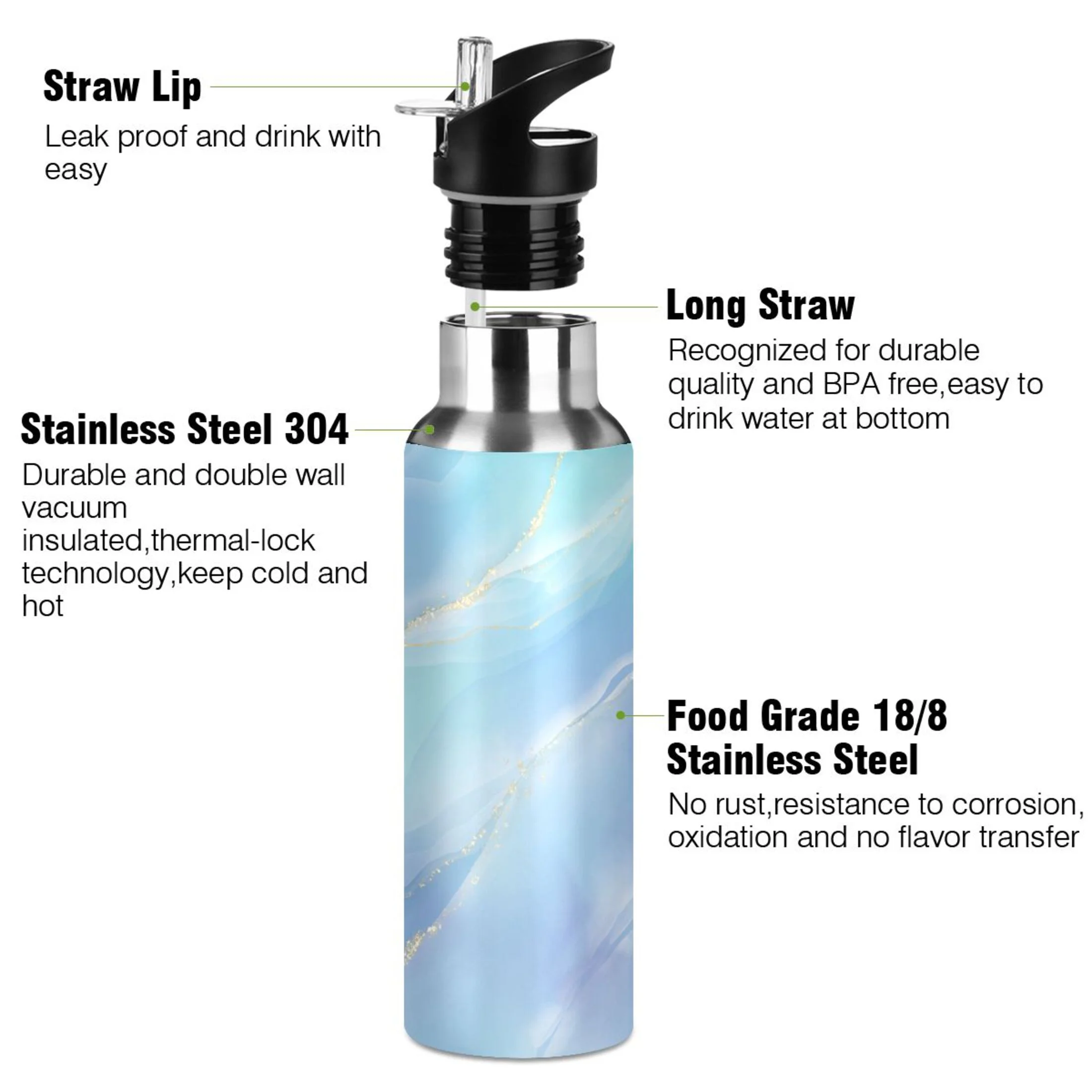 Stainless Steel Water Bottle Gradient Blue Marble with Straw Lid Vacuum Insulated Leak Proof Flask Jug for Gym Travel Sports Cycling Outdoor 20 OZ