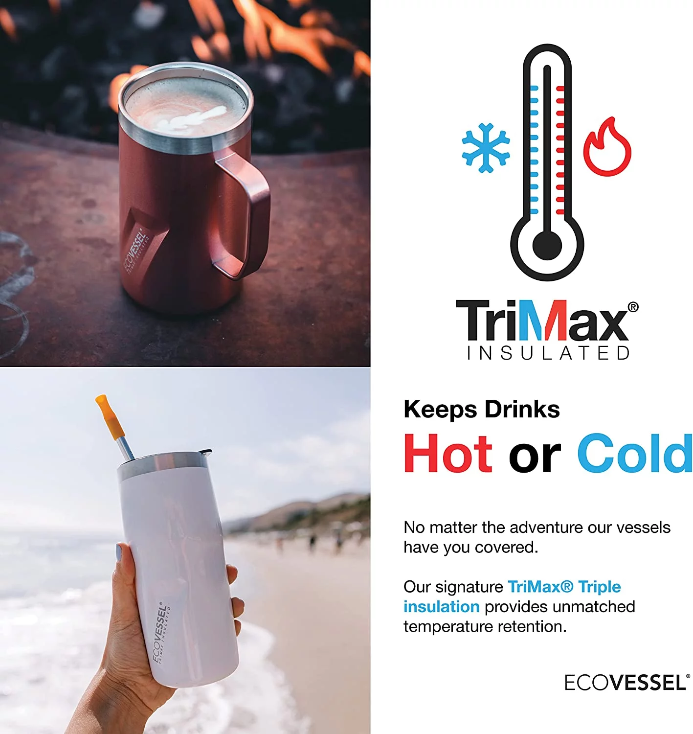 EcoVessel Boulder TriMax? Insulated Stainless Steel Water Bottle with Reflecta? Insulated Dual Lid, Strainer and Silicone Bottle Bumper – 24 oz (Ombre Galactic Ocean)