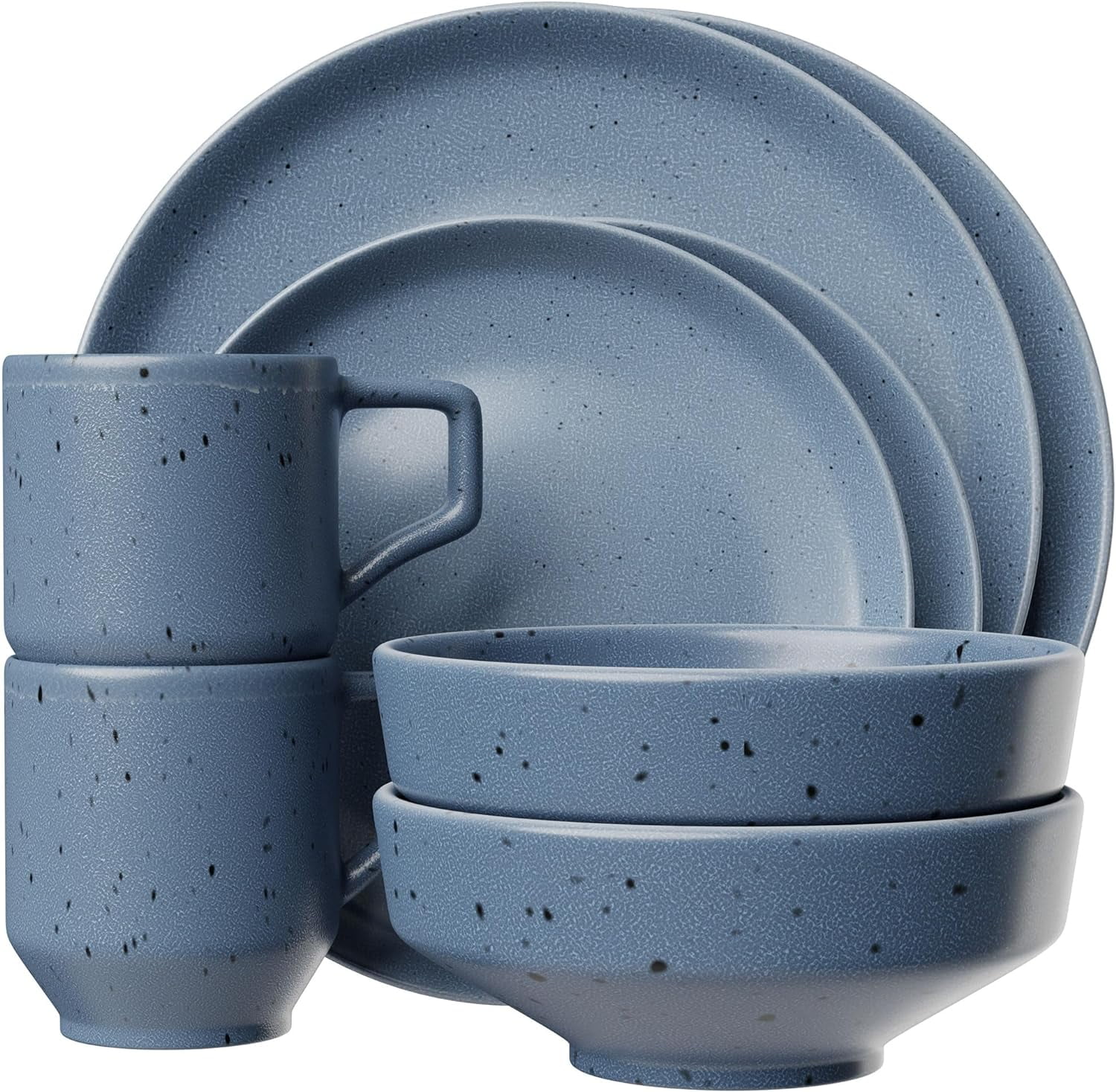 Reactive Stoneware Dinnerware Set | Coffee Mug, Bowl, Plate Set | Stoneware Dish Set | Microwave, Dishwasher Safe | Service For 2 | Speckled Blue 8-Piece Set