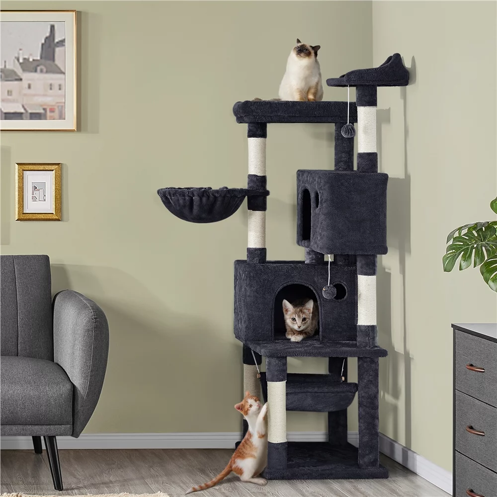 Topeakmart 64.5in Multi-level Large Cat Tree Condo Tower with Hammock Scratching Posts & Hammock, Black
