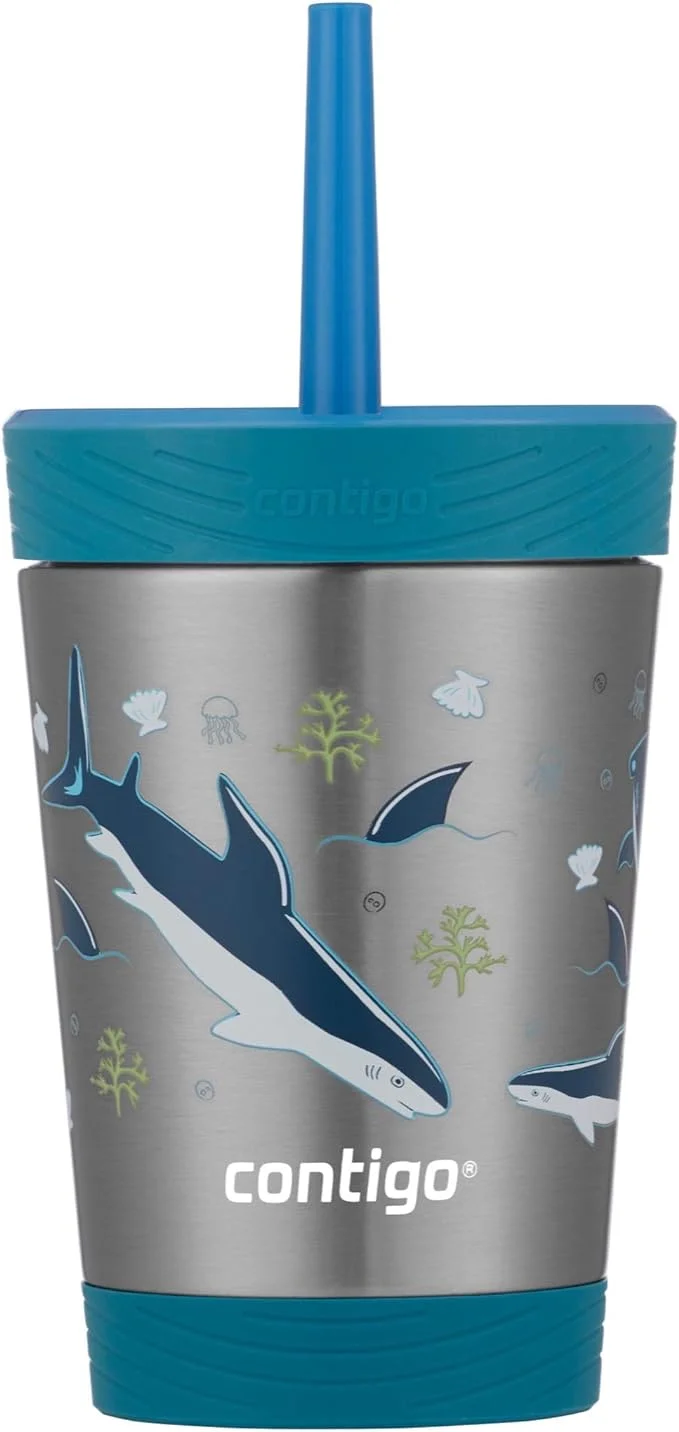 Contigo Kids Spill-Proof Tumbler with Leak-Proof Lid and Straw, 12oz Vacuum-Insulated Stainless Steel BPA-Free Water Bottle, Fits Most Cup Holders & Dishwasher Safe, Gummy/Sharks