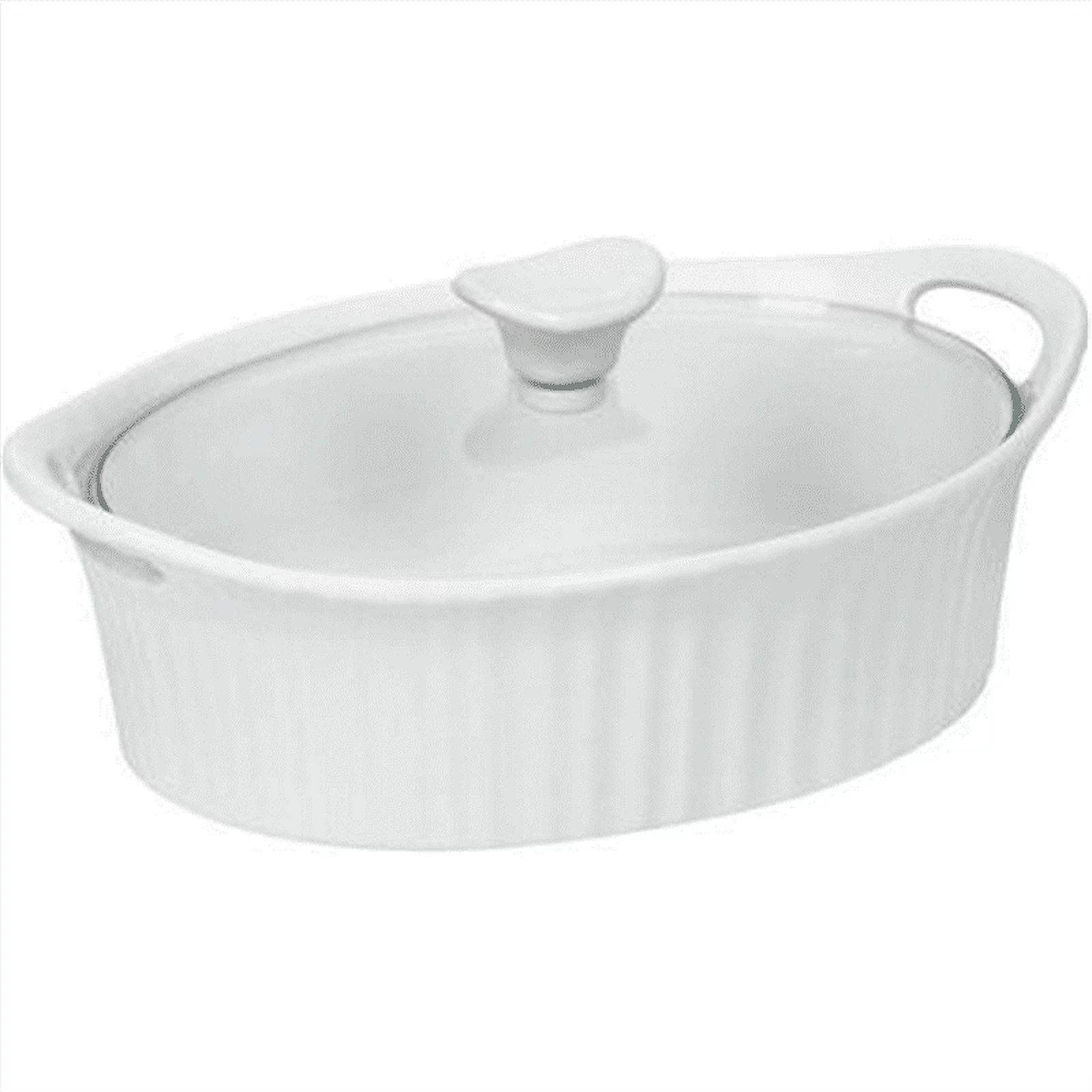 french white iii 1.5-quart oval casserole with glass cover, classic, fluted design, white