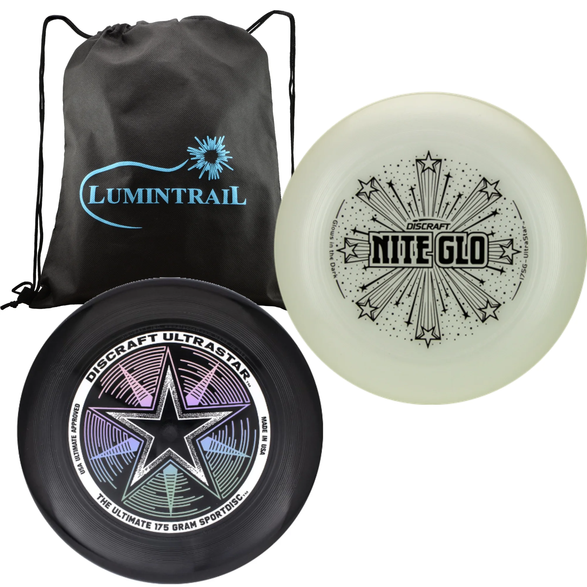 Discraft 175g Ultimate Frisbee Disc Ultra Star (2-Pack) Bundle with a Lumintrail Drawstring Bag (Black & Nite Glo)
