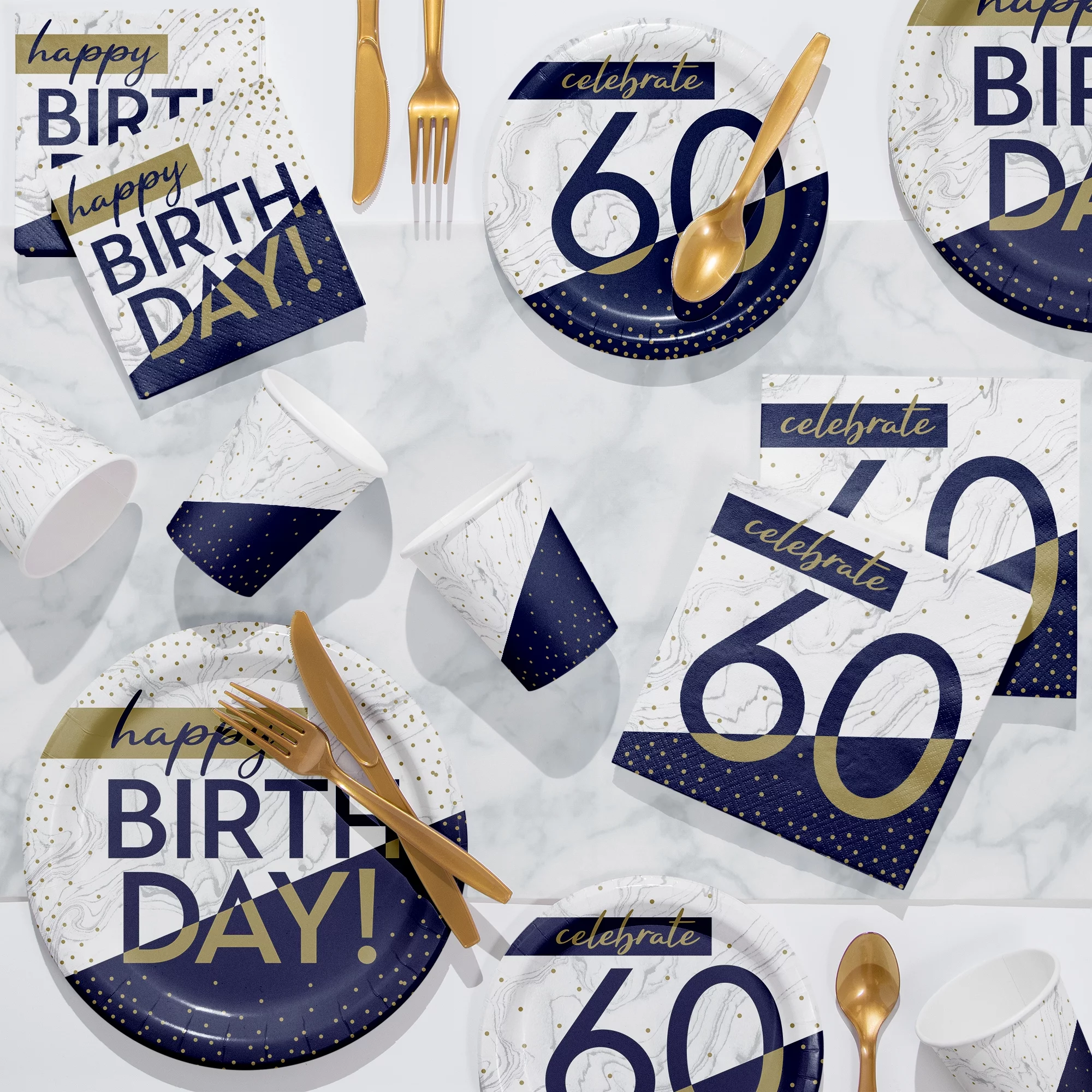 Creative Converting Navy and Gold 60th Birthday Party Supplies Kit, 81 Count