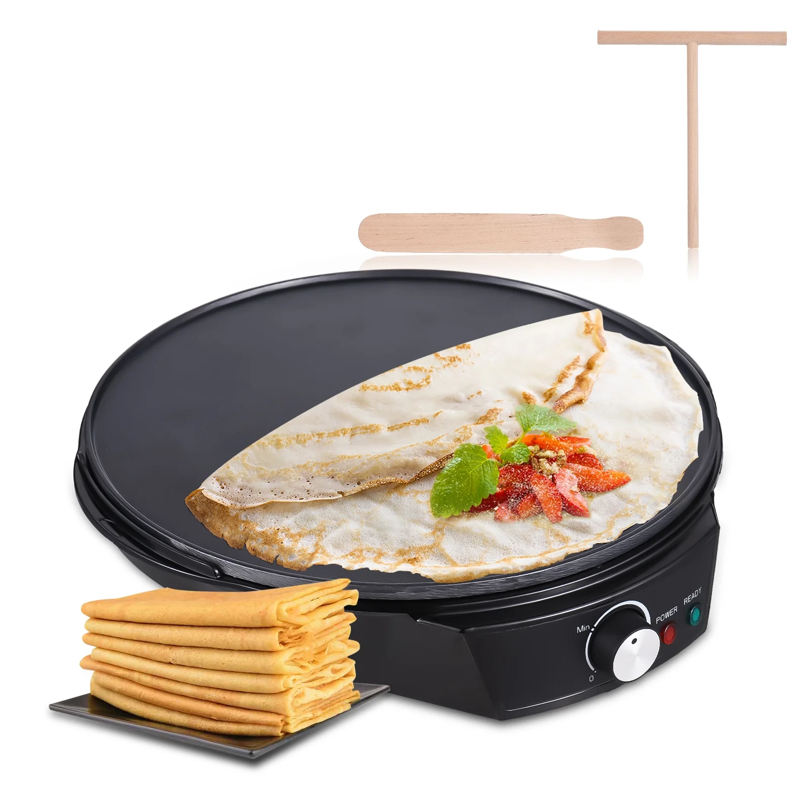 Tomshine Electric Crepe Maker 1200W 50 210°C Non stick Pancake Griddle for Roti Tortilla Blintzes + Wooden Spatula and Batter Spreader Perfect for Breakfast or Brunch!
