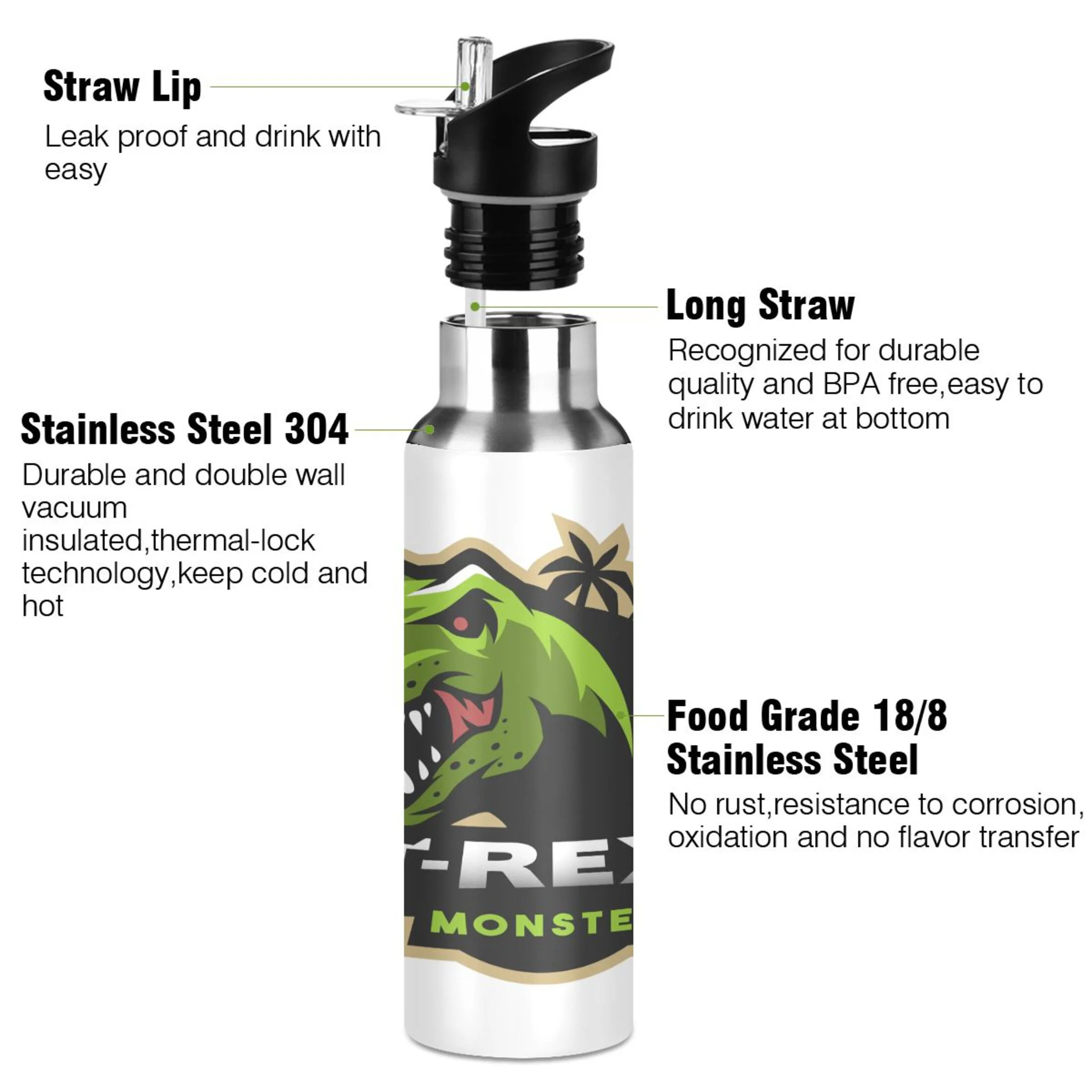 Stainless Steel Water Bottle Dinosaur T-rex with Straw Lid Vacuum Insulated Keeps Hot and Cold Leak Proof Flask Jug for Gym Travel Sports Cycling Outdoor 20 OZ