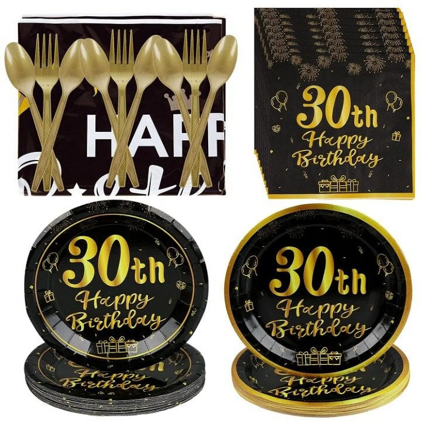 24 Guests Complete 30th Birthday Party Tableware Set, Vintage Style Disposable Plates, Cutlery, Napkins, Supplies Bundle with Decorative 9-Inch & 7-Inch Plates, Spoons, Forks, Tablecloth