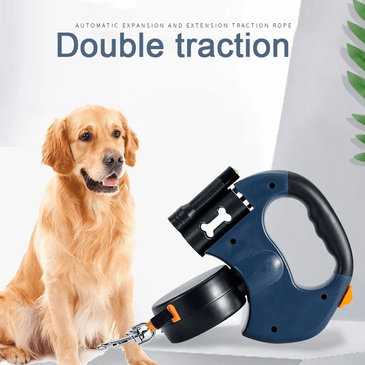 Two Dog Reflective Retractable Pet Leash Ropes – 360 Degree Zero Tangle - Two Dogs Each up to 50 lbs, Reflective Orange and Green Leads, Dual Locking, Auto Retractable with Flashlight