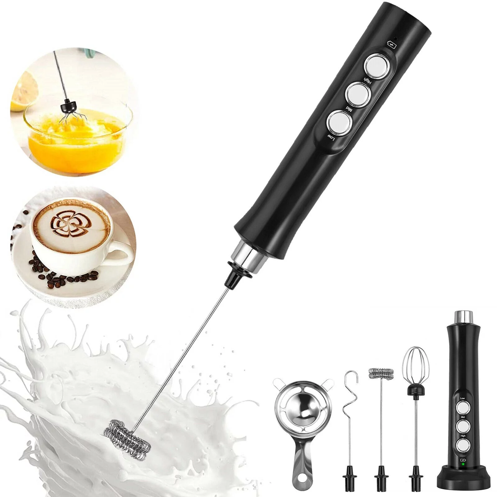 Milk Frother, Immersion s Foam Maker USB Rechargeable Small Mixer Handheld with 4 Stainless Whisks，Wisker for Stirring 3-Speed Adjustable Mini Frother for Cappuccino Latte Coffee Egg