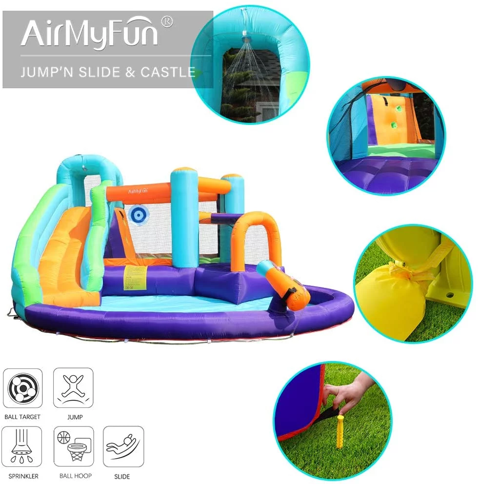 AirMyFun Inflatable Bounce House, Jumping Castle with Water and Slide, Inflatable Bouncer with Air Blower