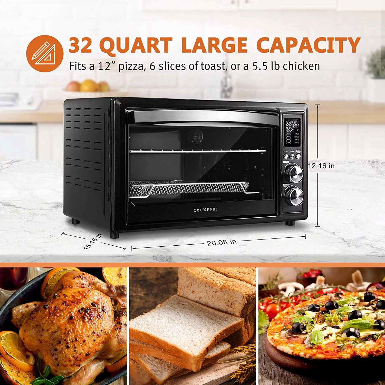 CROWNFUL Air Fryer Toaster Oven, 32 Quart Convection Roaster Stainless Steel, 1800W, ETL Listed