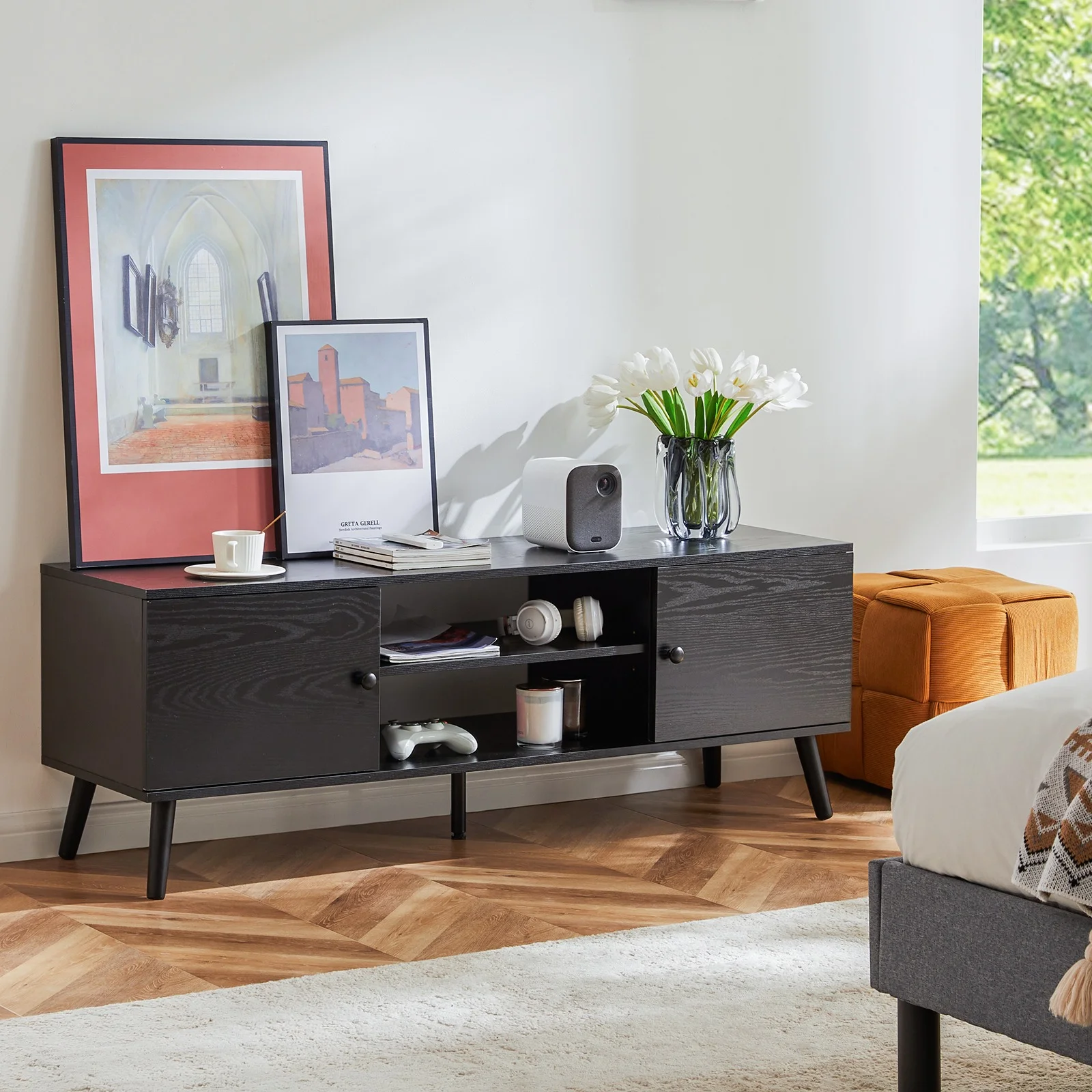 TV Stand Wide TV Entertainment Center Storage Cabinets for TV up to 65-inch Mid Century Modern TV Console for Living Room, Black