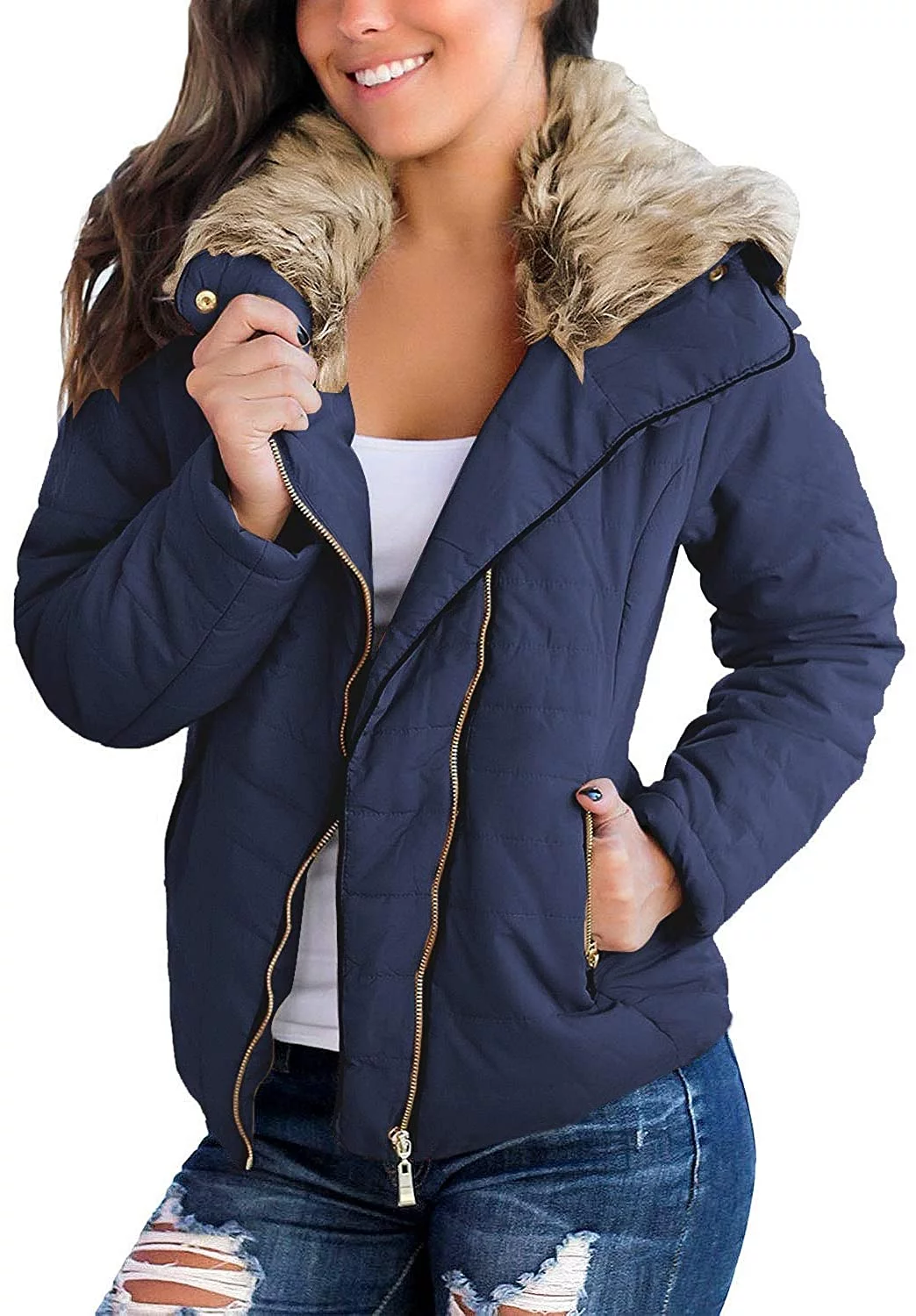 luvamia Women Parka Coat Pockets Quilted Puffer Jacket with Faux Fur Lapel, Size S-2XL