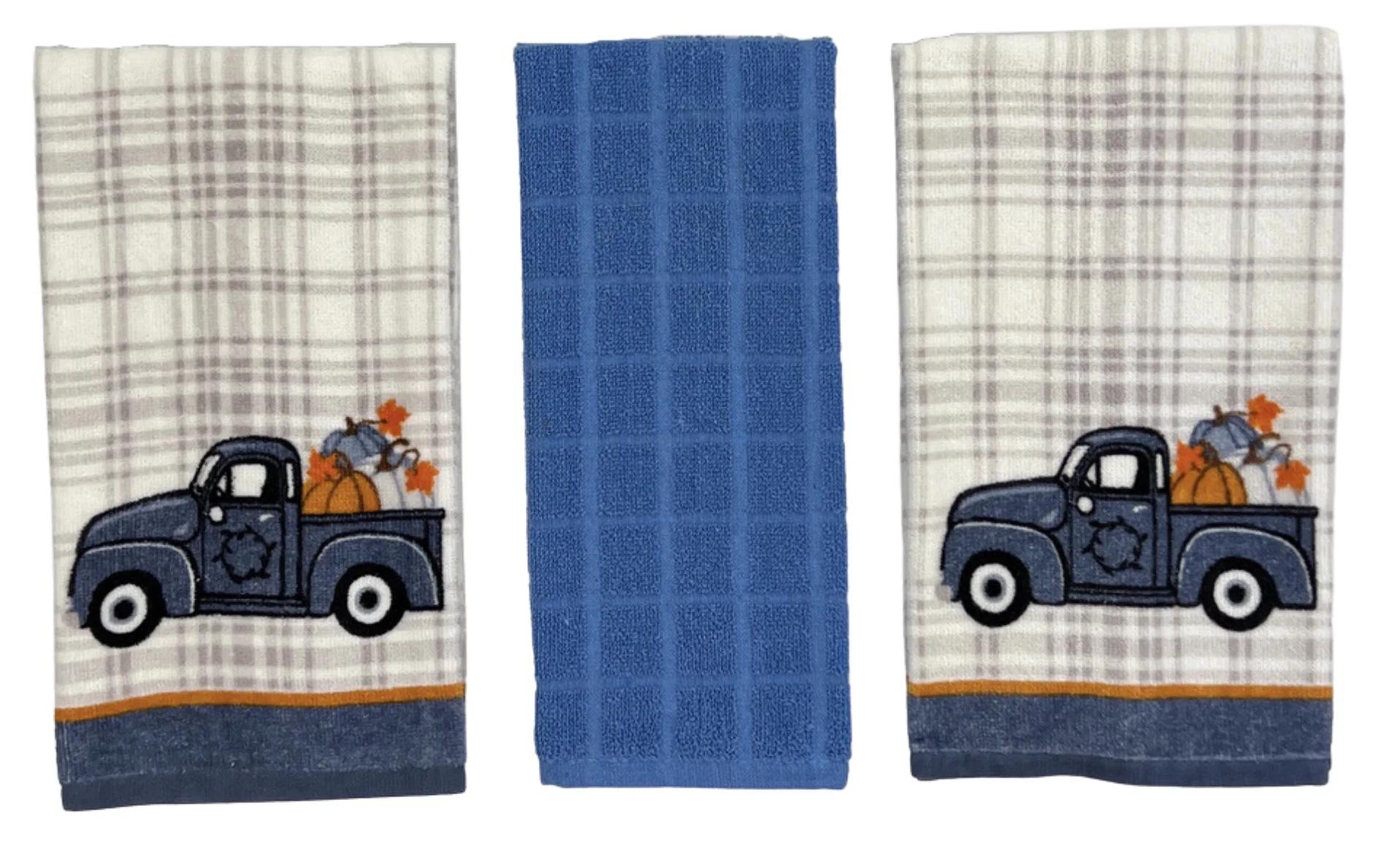 Serafina Home Nantucket Home Happy Harvest Country Fall Kitchen Towels Set: Colorful Cotton Velour Harvest Pumpkins Truck, Blue Border Plaid Print Background (Blue Truck)