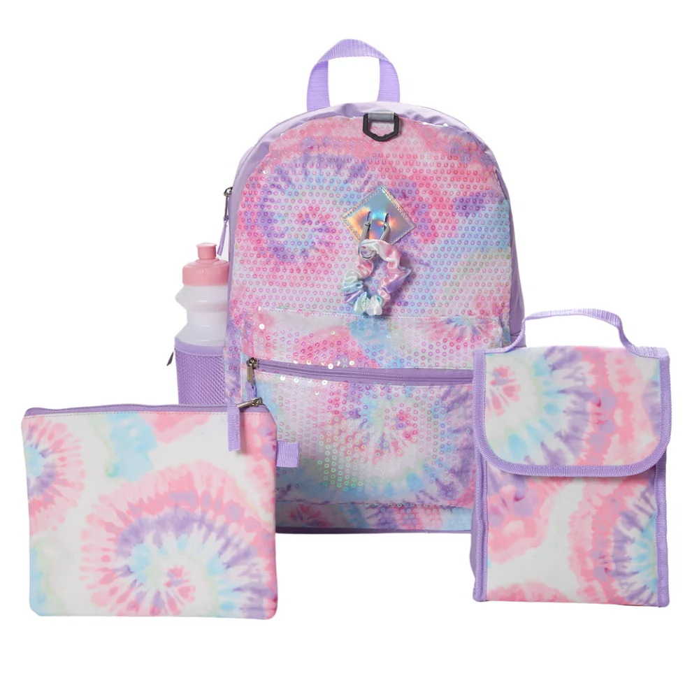CLUB LIBBY LU Sequin Tie Dye Girls Backpack with Lunch Box and Water Bottle 6 Piece Set 16 inch Pink