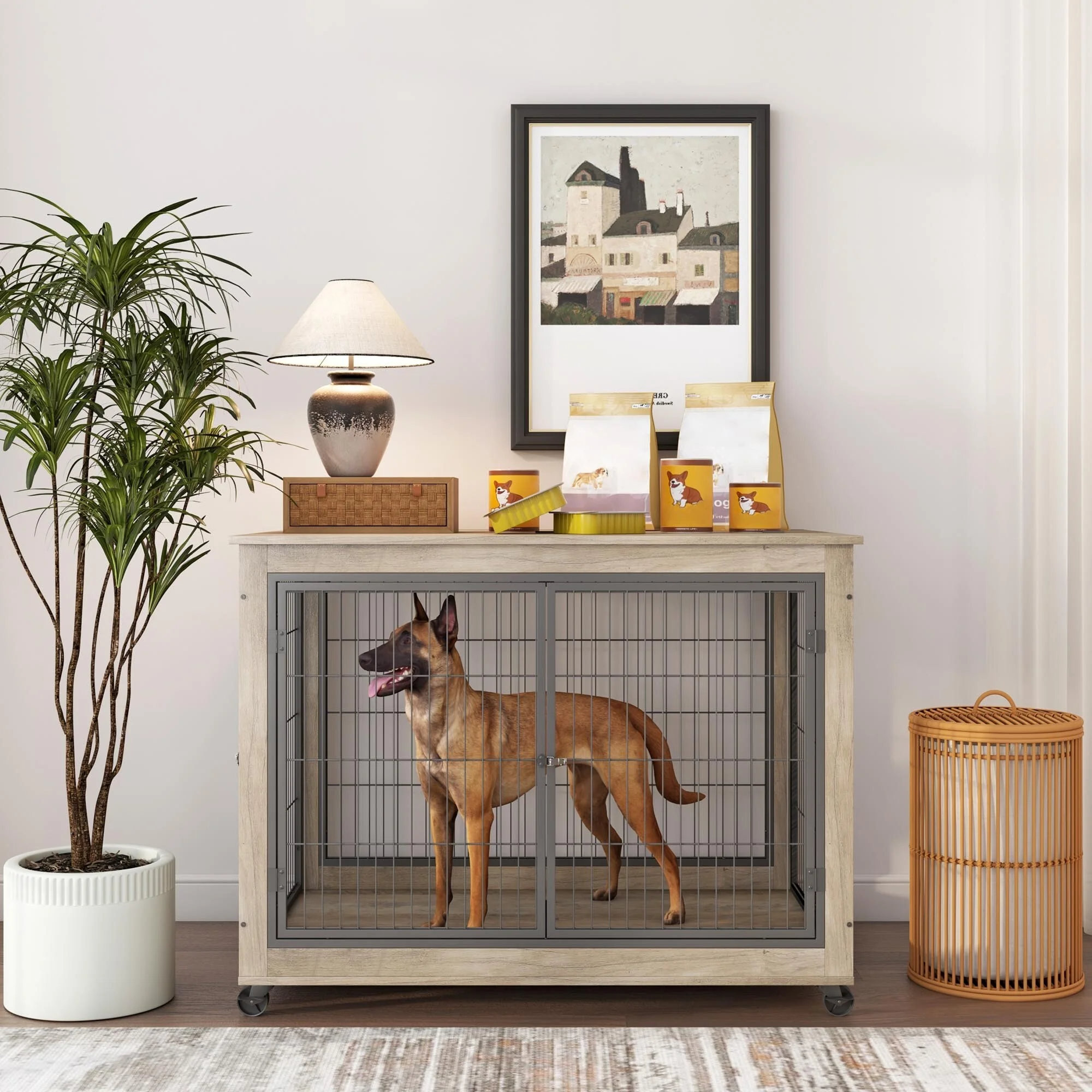 Furniture Style Dog Crate/End Table on Wheels with Double Doors and Lift Top Grey