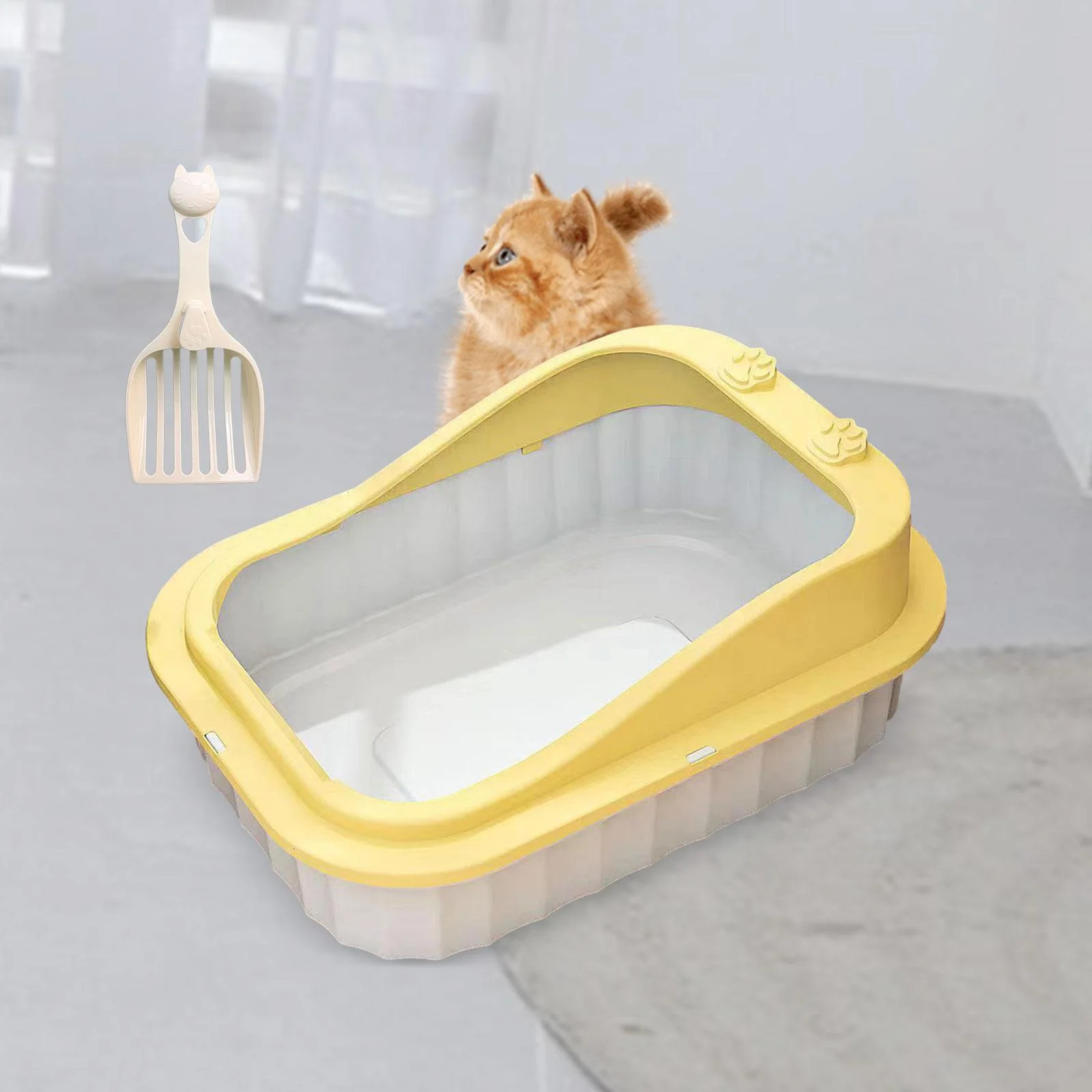 FITYLE Cat Kitty Litter Pan Durable Cat Litter Basin Cat Sand Box Splashproof Cartoon Appearance 50x36x19cm Kitten Toilet yellow