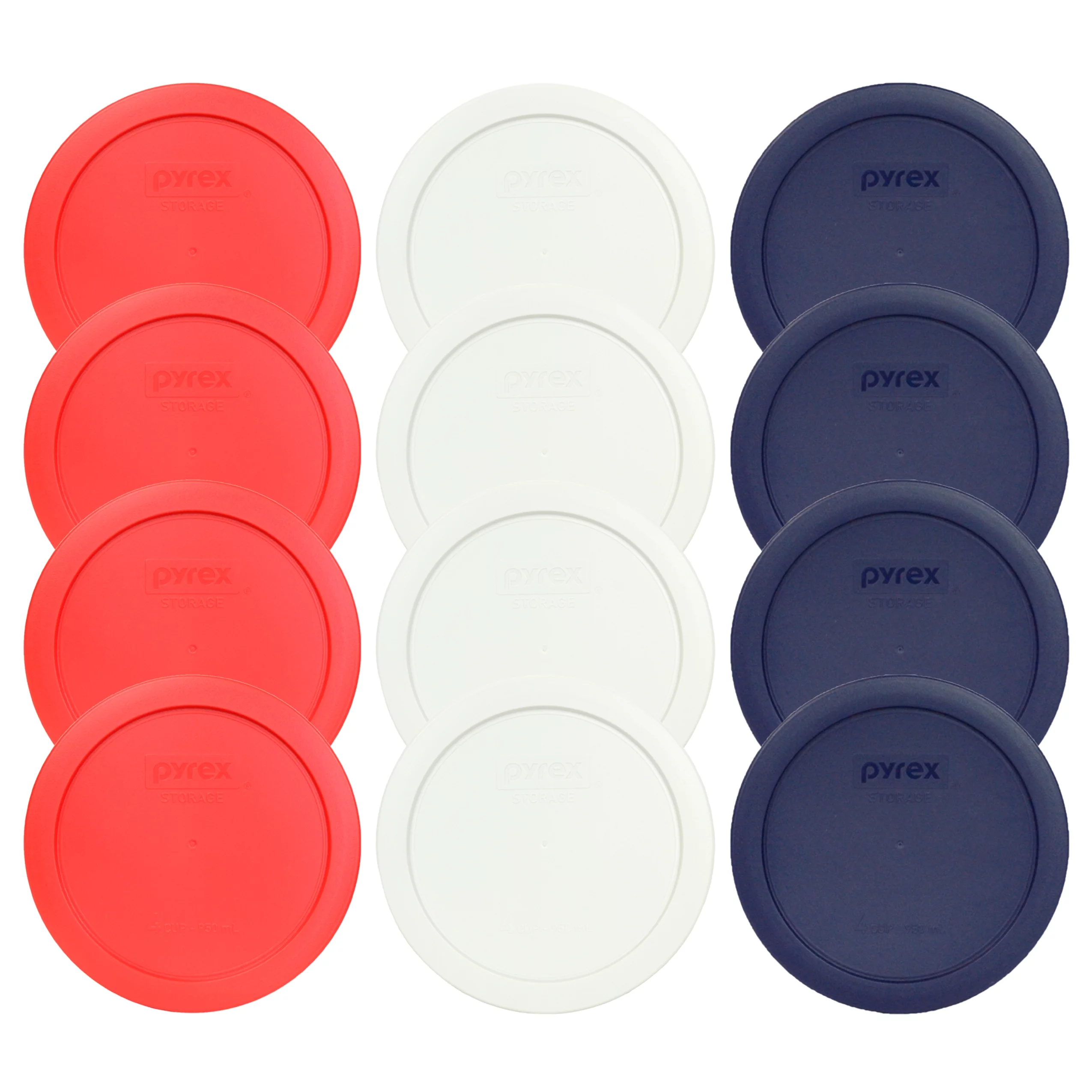 Pyrex 7201-PC (4) Red, (4) White, and (4) Blue Round Plastic Replacement Lids