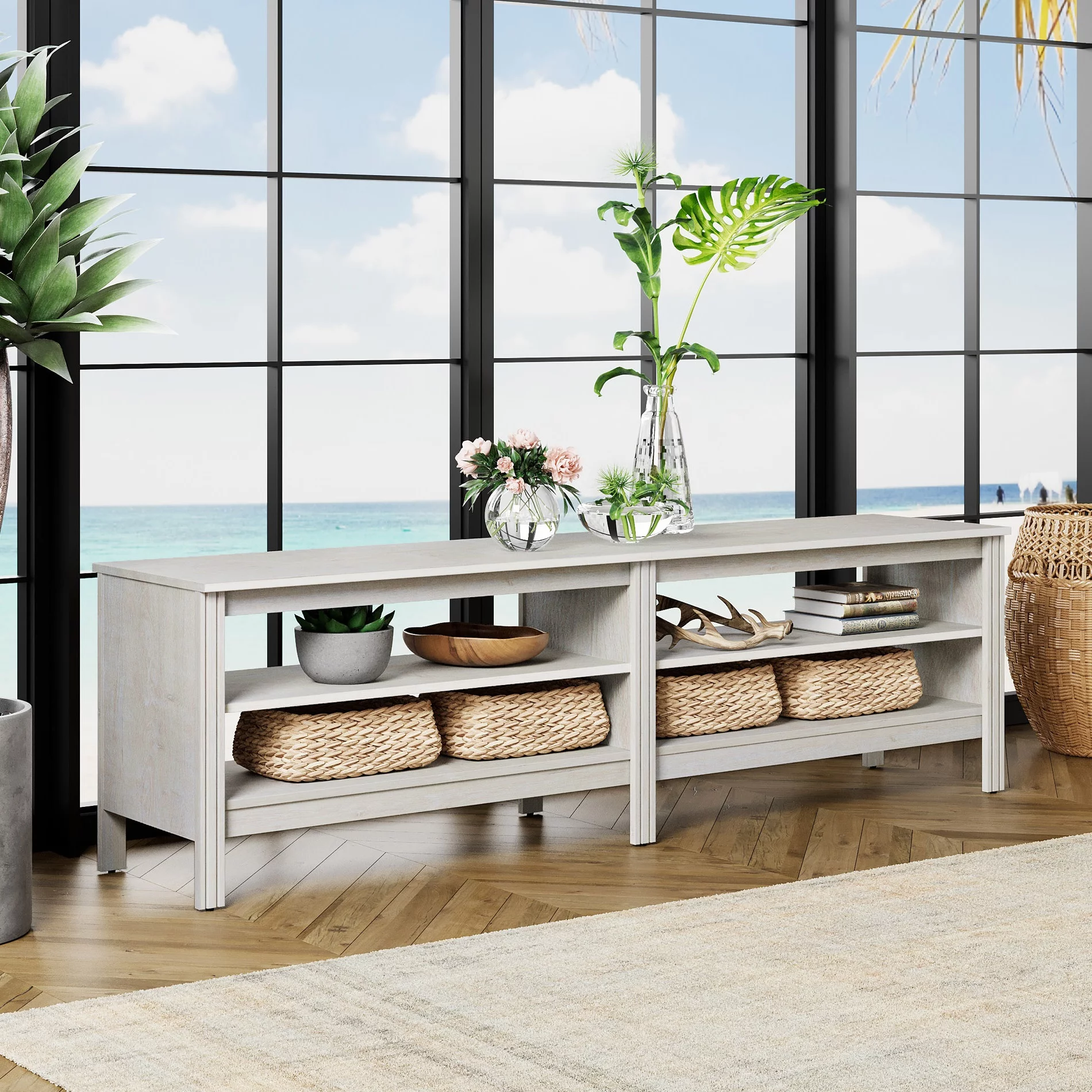 White TV Stand for 75 Inch TV, Farmhouse Wood TV Cabinet with 4 Cubby for Living Room Bedroom,70 inch