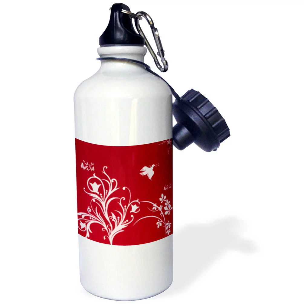 Floral pattern in white on a red background with dove and butterflies. 21 oz Sports Water Bottle wb-36117-1