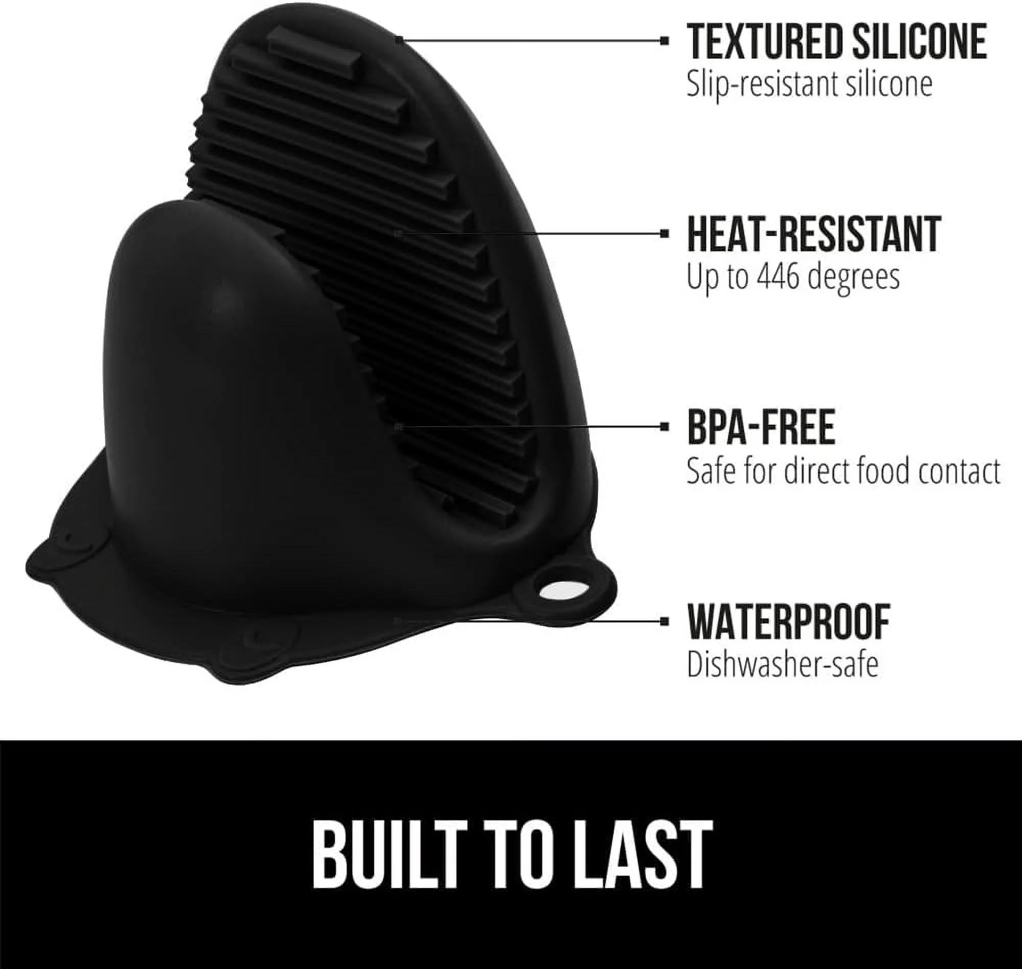 Gorilla Grip Heat and Slip Resistant Silicone Mini Potholders Mitts, Oven Mitt Gloves, BPA-Free, Textured Design, Better Grip, Hot Plate Holder, Kitchen Finger Grips, Cooking, Waterproof 4 Set, Black