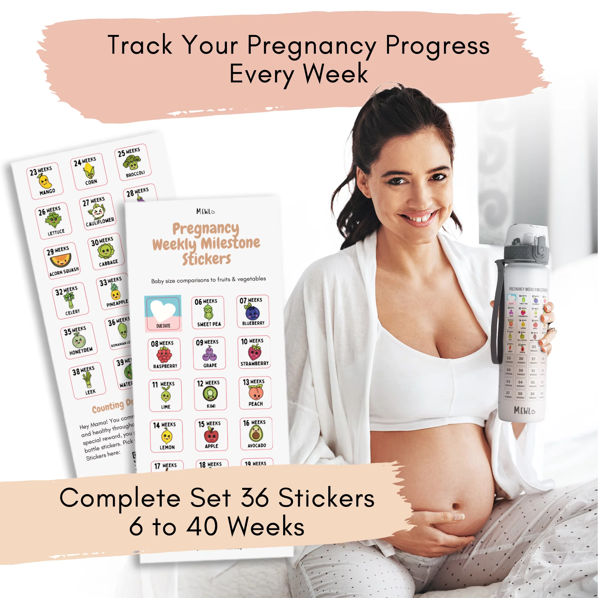 Mewl Pregnancy Water Bottle Tracker with Straw BPA Free & 36 Weekly Pregnancy Milestone Stickers