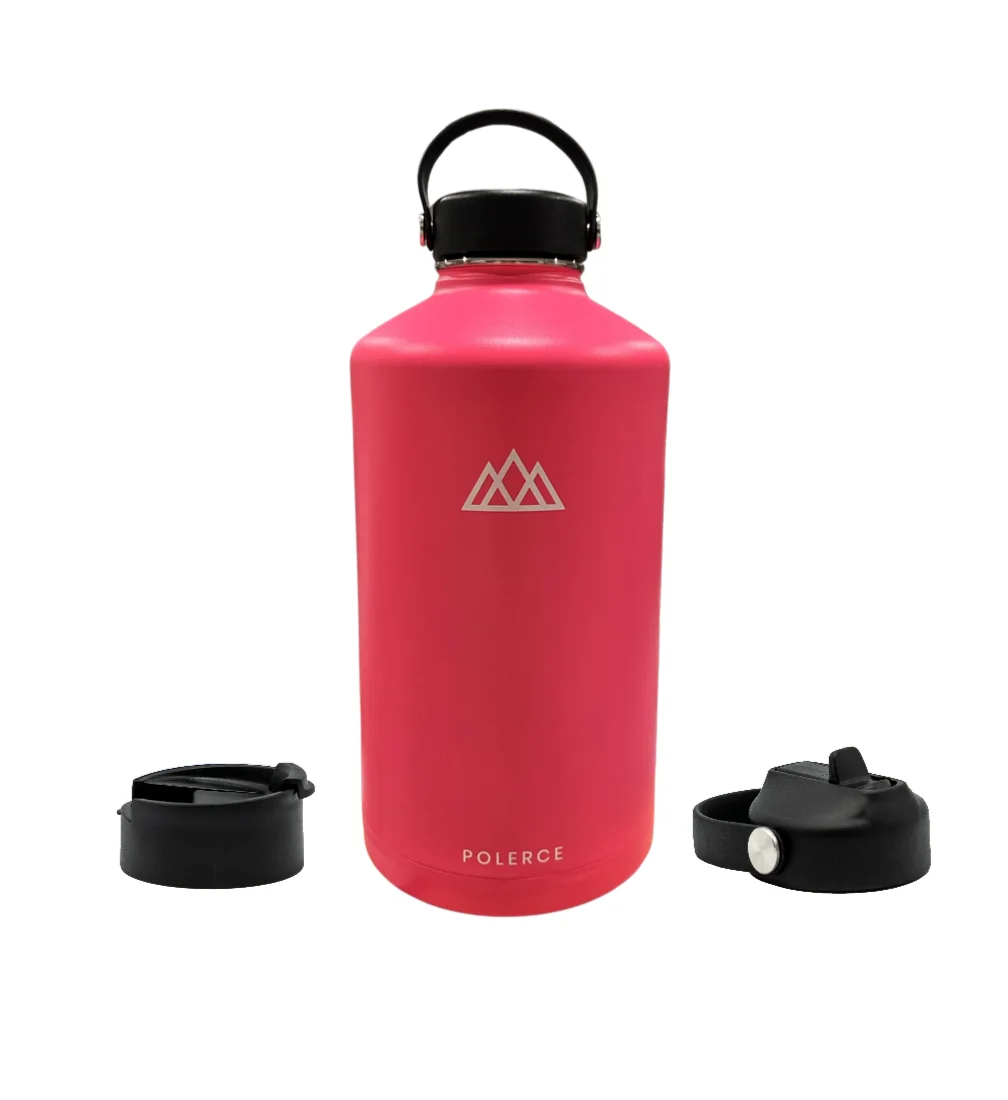128 oz Pink Vacuum Insulated Bottle with 3 Lids - Stainless Steel Double Wall Thermally Insulated Flask by Polerce