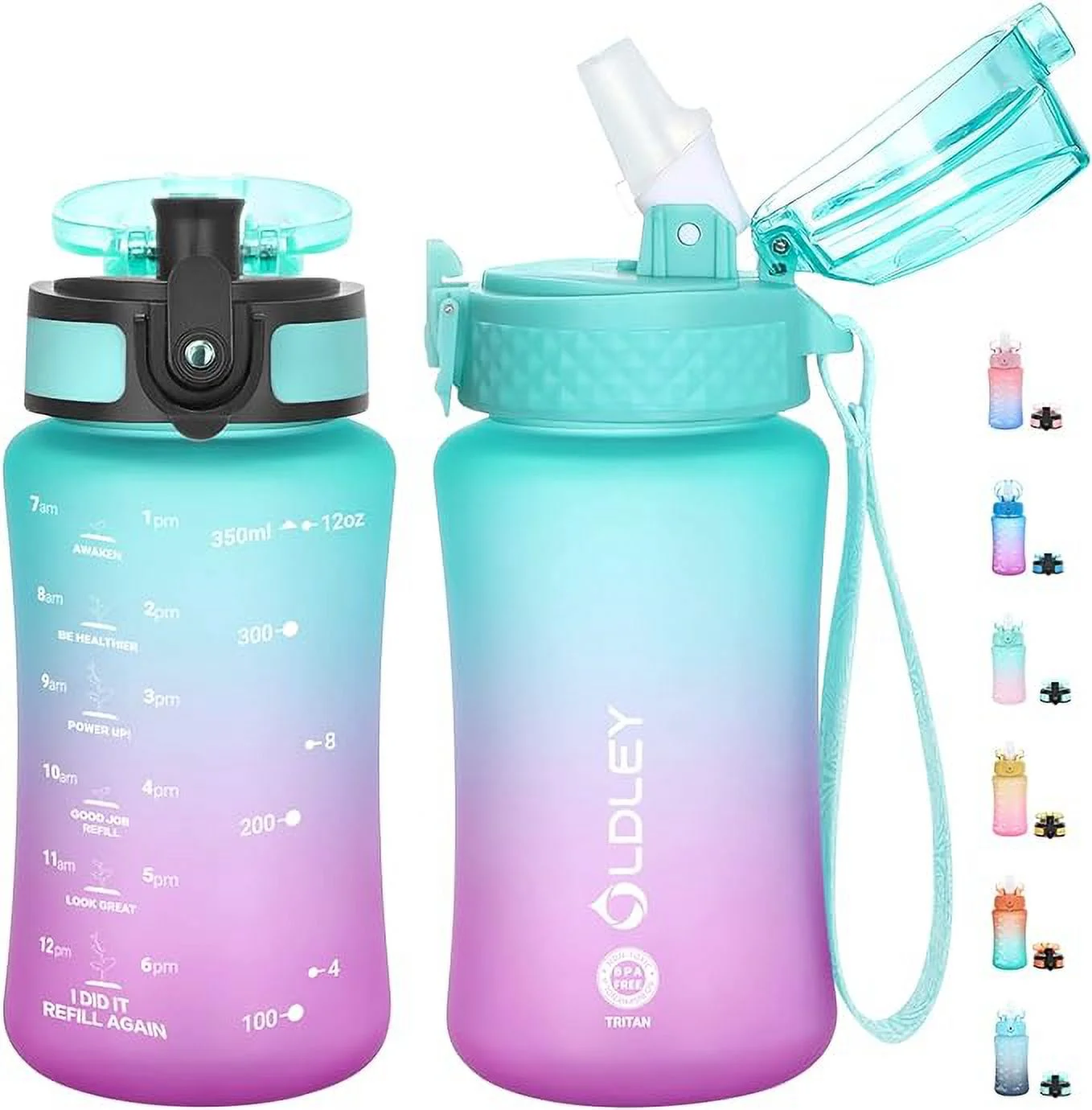 OLDLEY Kids Water Bottle for School, 12 oz (2 lids) BPA-Free Reusable Leak-proof Durable Tritan Plastic Water Bottles with Straw & Chug Lids, Anti-dust Spout Cover (Green-Purple)