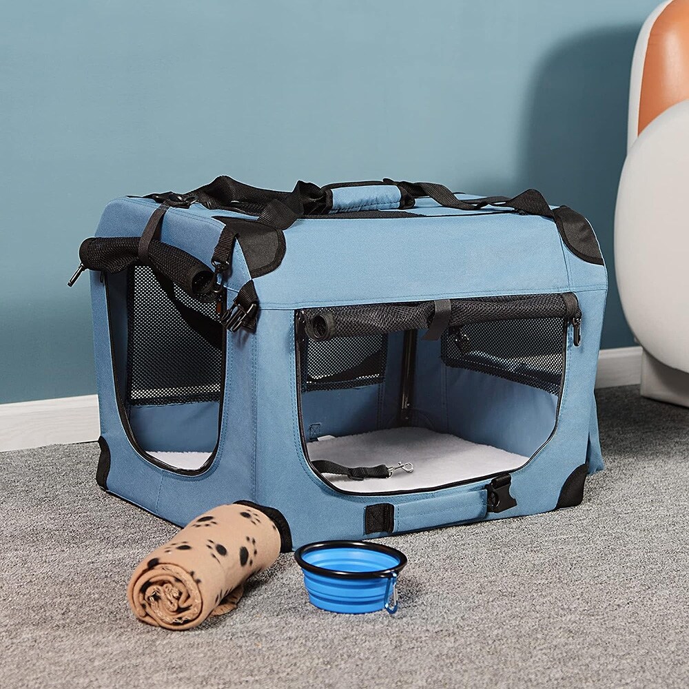 Dog Crate with Soft Warm Blanket and Foldable Bowl