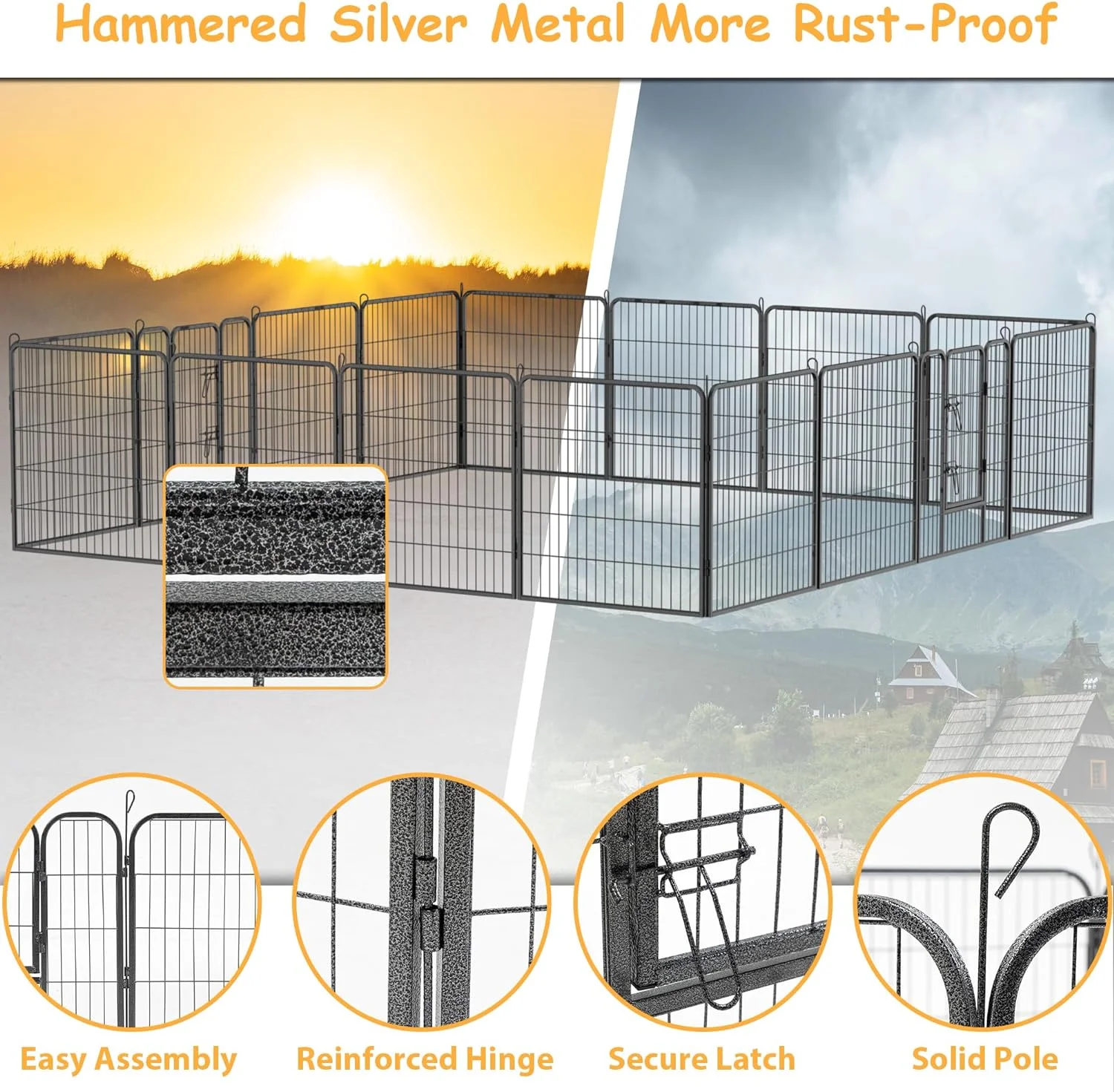 32 Inch Outdoor Fence, Playpen for Dog Kennel, Dog Cage with Doors Dog Fencing Durable Rust-Resistant Wrought Iron Safe Easy Assembly Pet Playpen for Small, Medium, and Large Pets 16 Panels