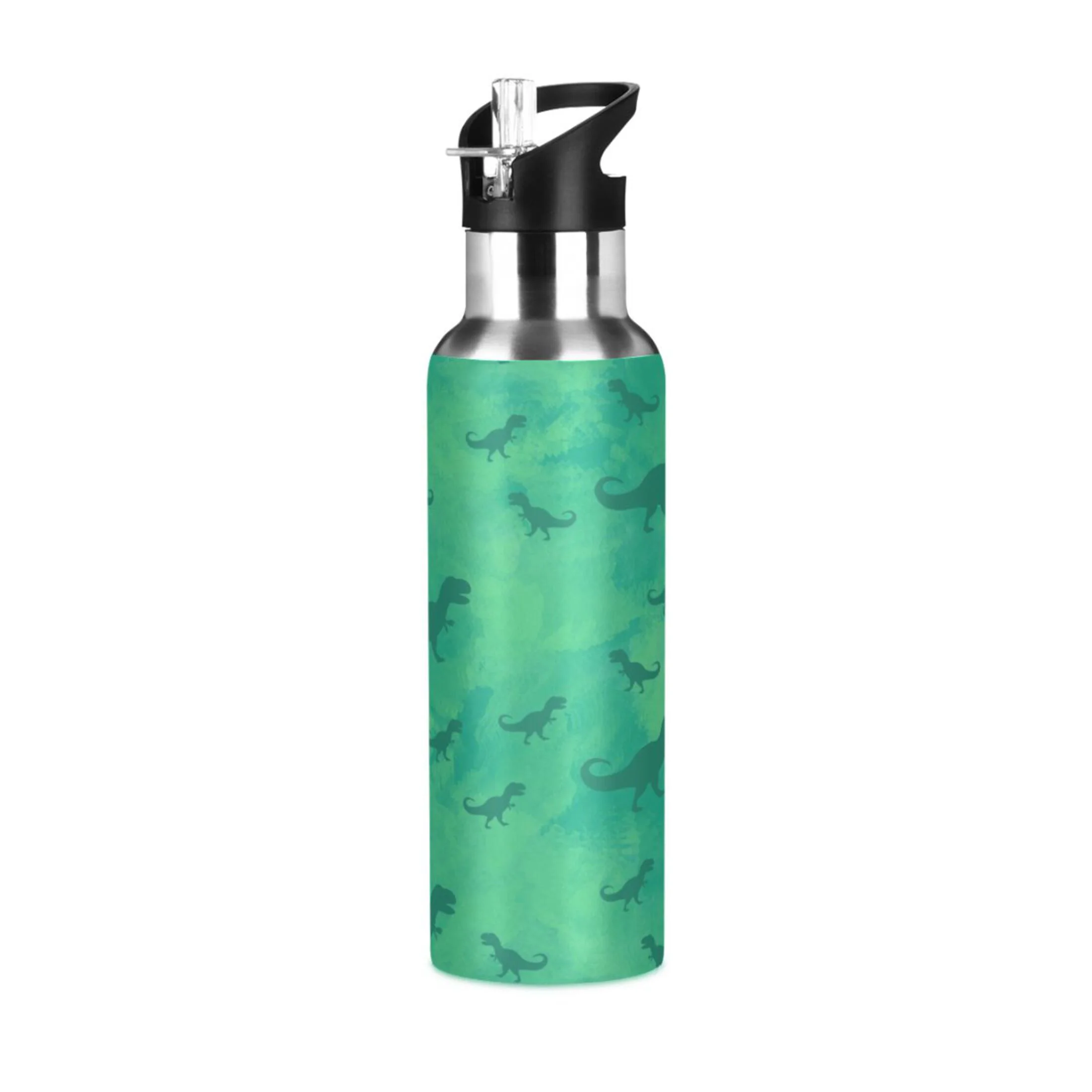 Water Bottle with Straw Lid Leak Green Dinosaurs Watercolor Grunge Stainless Steel Insulated Thermos Vacuum Flask for Cold Hot Drinking for Sports Camping Gym Yoga