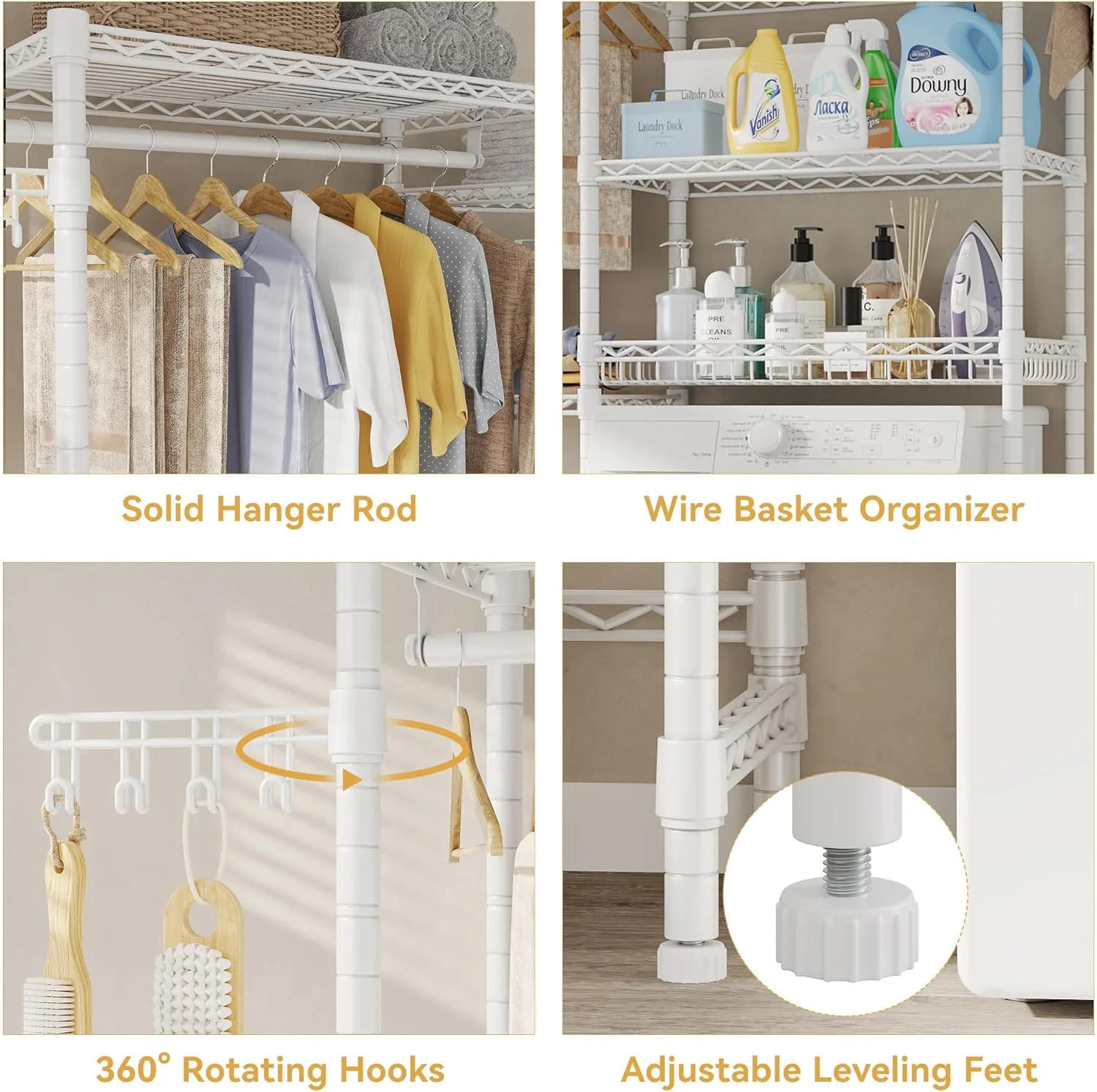 H6 Pro Over the Washer and Dryer Storage Shelf, Laundry Room Organization Storage with Adjustable Shelves & Wire Basket, Over Washer Storage With Clothes Drying Rack and Hook, Large Size,White