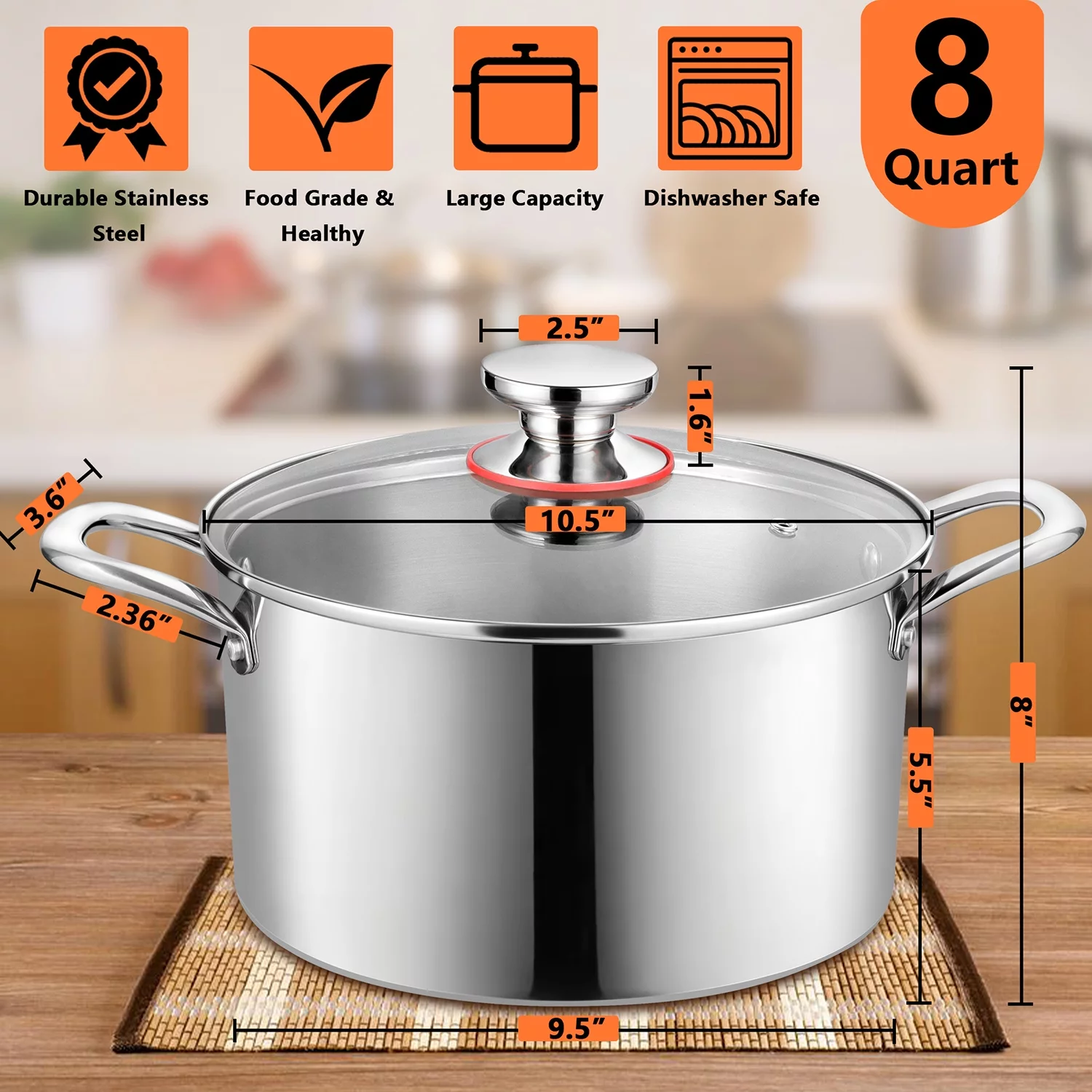 Vesteel 8 Quart Stock Pot with Tri-Ply Construction, 18/10 Stainless Steel Stockpot Metal Pasta Soup Pot, Compatible with Electric, Gas, Induction, Ceramic