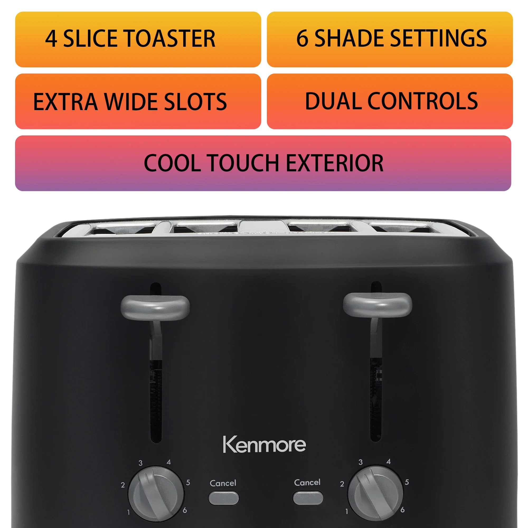 Kenmore 4-Slice Steel Toaster, Matte Black and gray, Dual Controls