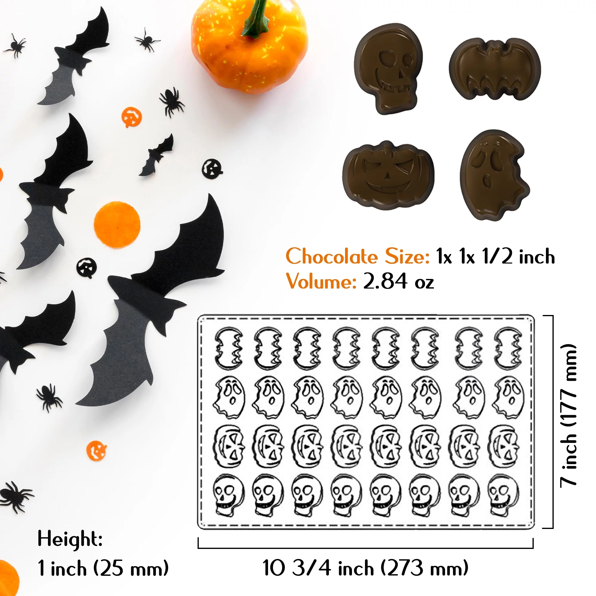 Crystalia, 3D Polycarbonate Chocolate Mold. Skull, Pumpkin, Ghost and Bat Shaped Mold for Making Halloween Candy