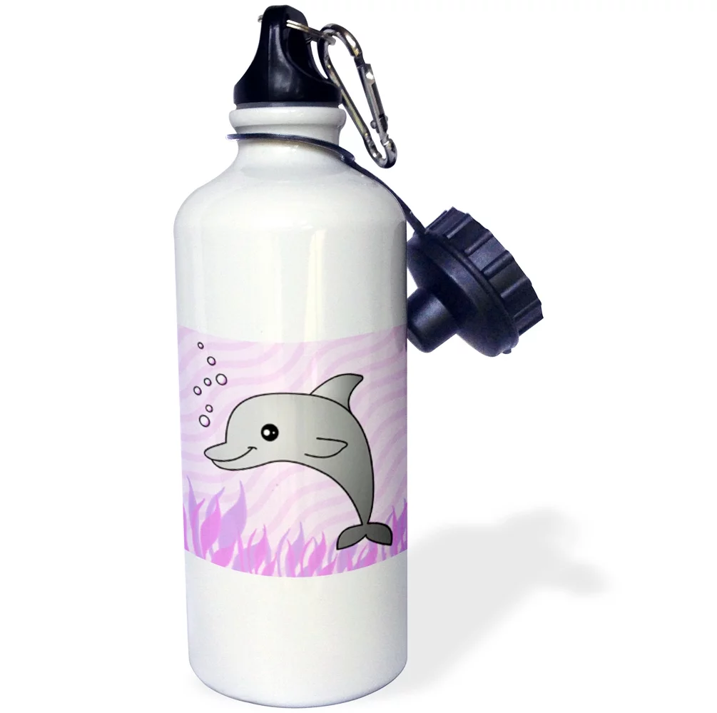 3dRose Cute Grey Dolphin Pink Ocean, Sports Water Bottle, 21oz