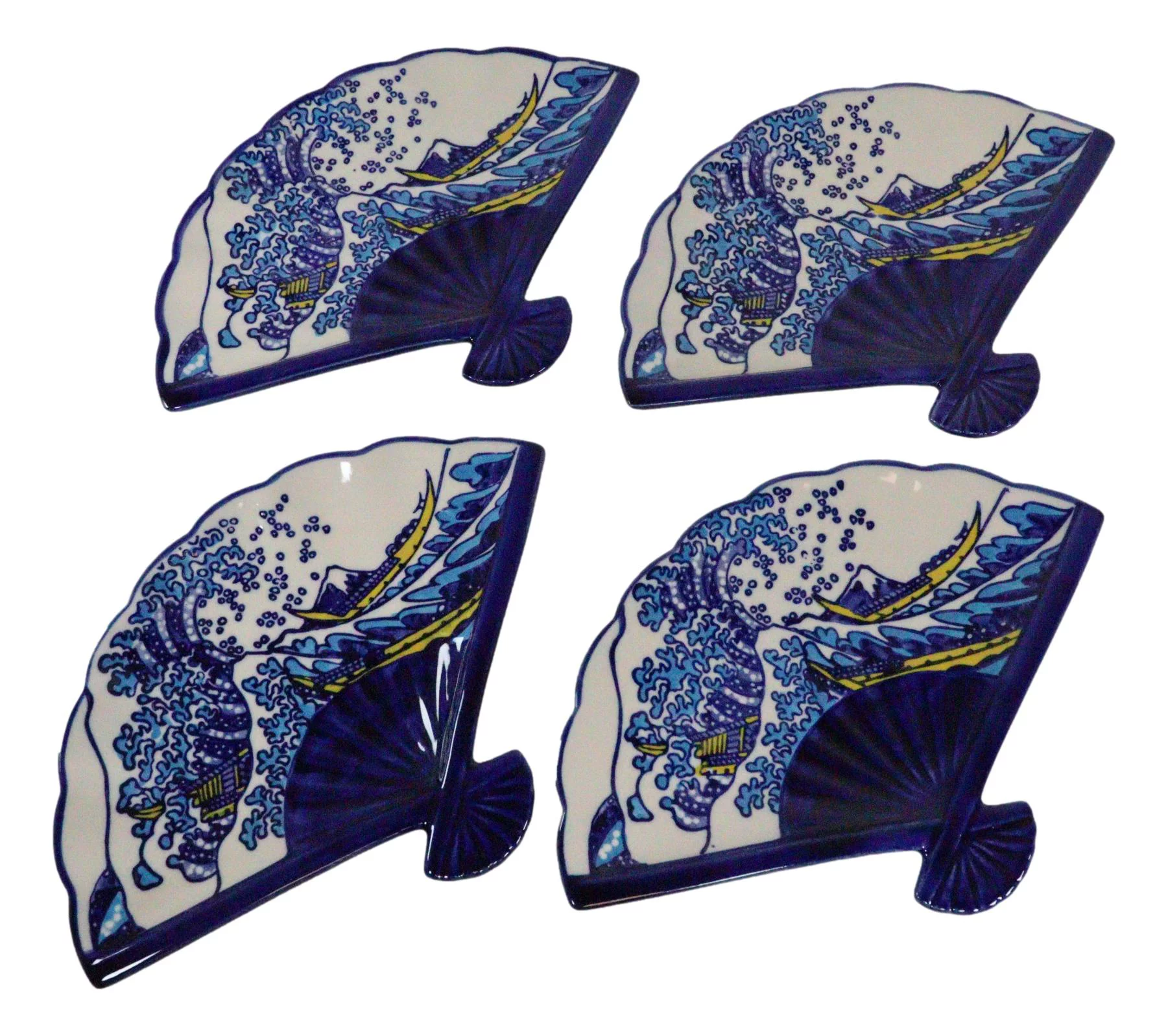 Ebros Set Of 4 Japan Hokusai The Great Wave Oriental Fan Shaped Appetizer Plates